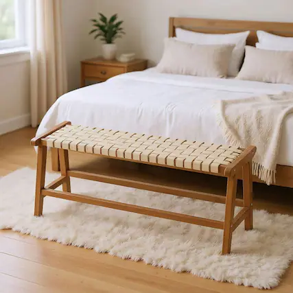 Front. Kadyn - 47-Inch Teak Wood Patio Bench with Woven Seat and Solid Wood Legs, Natural and Beige - Beige.