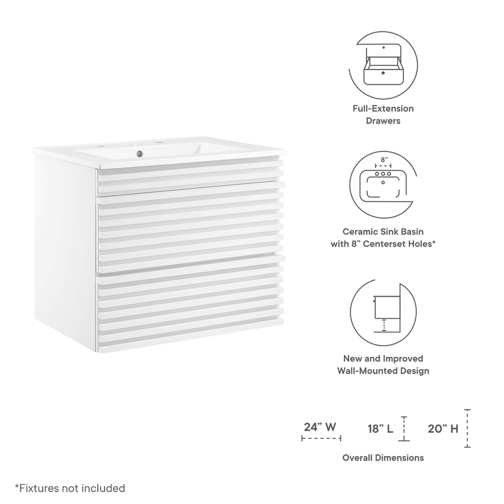 Full-Extension Drawers  
Ceramic Sink Basin with 8" Centerset Holes*  
New and Improved Wall-Mounted Design  

Overall Dimensions:  
24" W x 18" L x 20" H  

*Fixtures not included