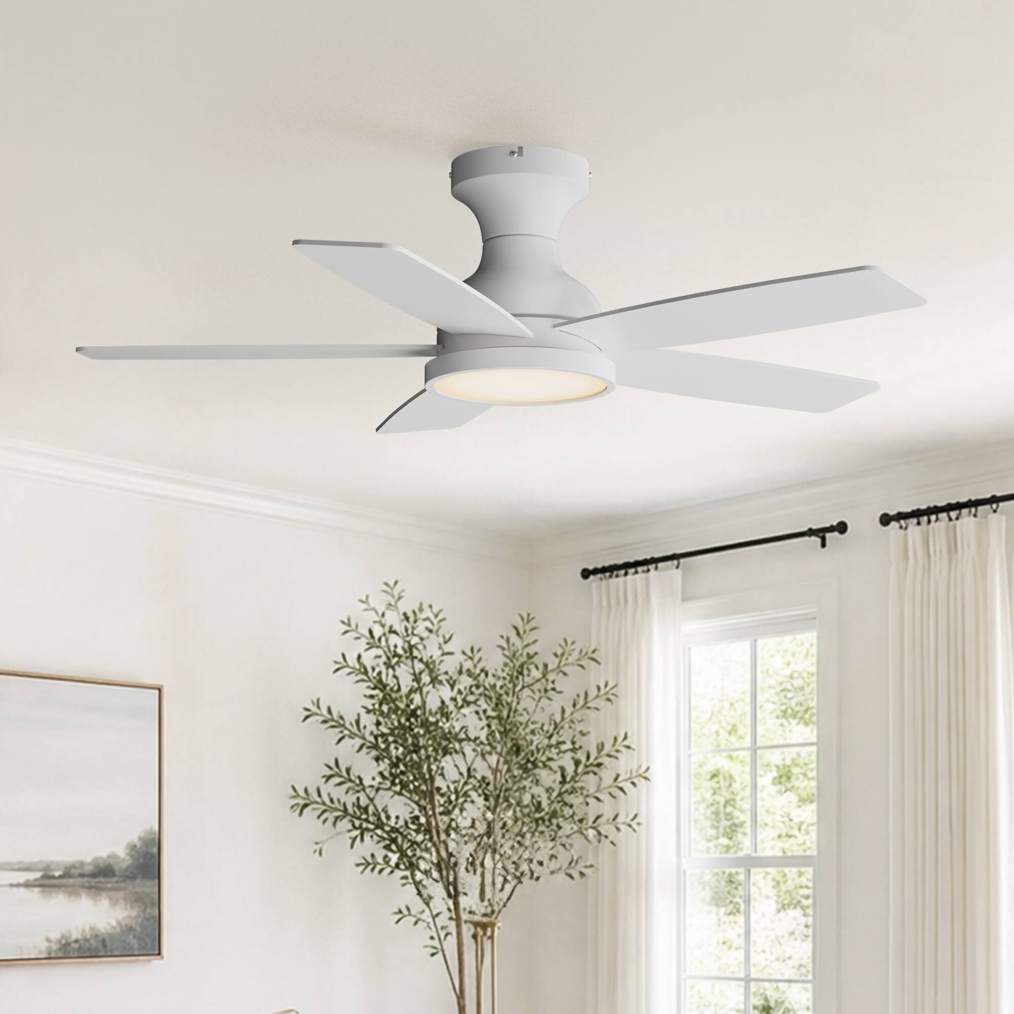 Angle. Siljoy - 42 Inch 5 Blade Farmhouse Low Profile Flush Mount Ceiling Fan with LED Light and Remote for Bedroom Living Room - White.