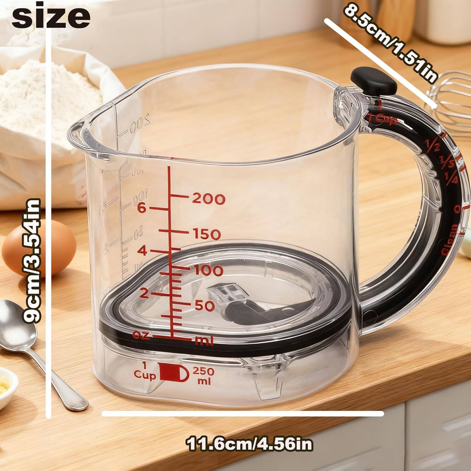 - Size: 9cm/3.54in
- Height: 11.6cm/4.56in
- Width: 8.5cm/1.51in
- Capacity: 250ml
- Measurements: 1 Cup, 200ml, 150ml, 100ml, 50ml, 1/2, 1/3, 1/4 OZ