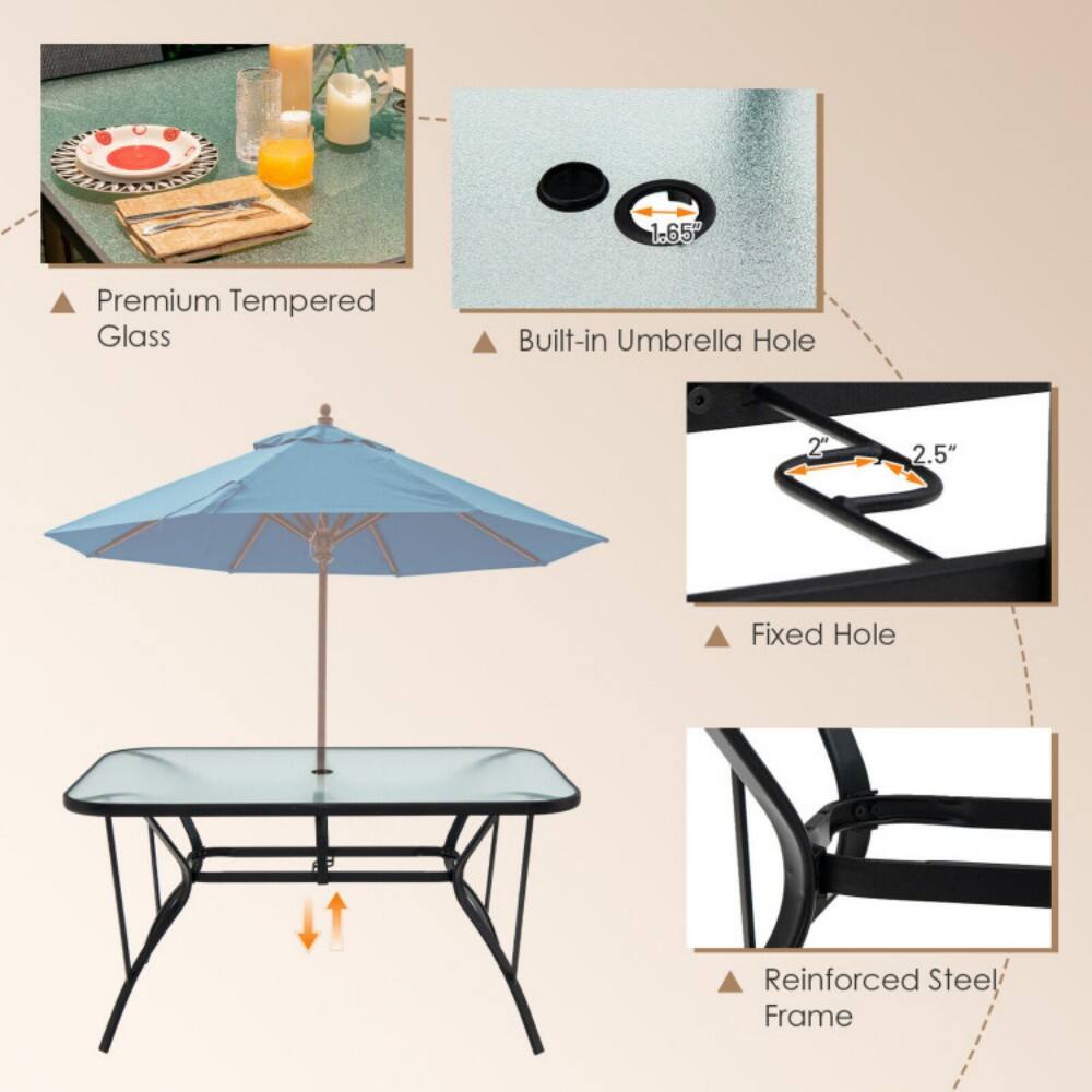 1-65 Premium Tempered Glass  
Built-in Umbrella Hole  
2" 2.5" Fixed Hole  
Reinforced Steel Frame