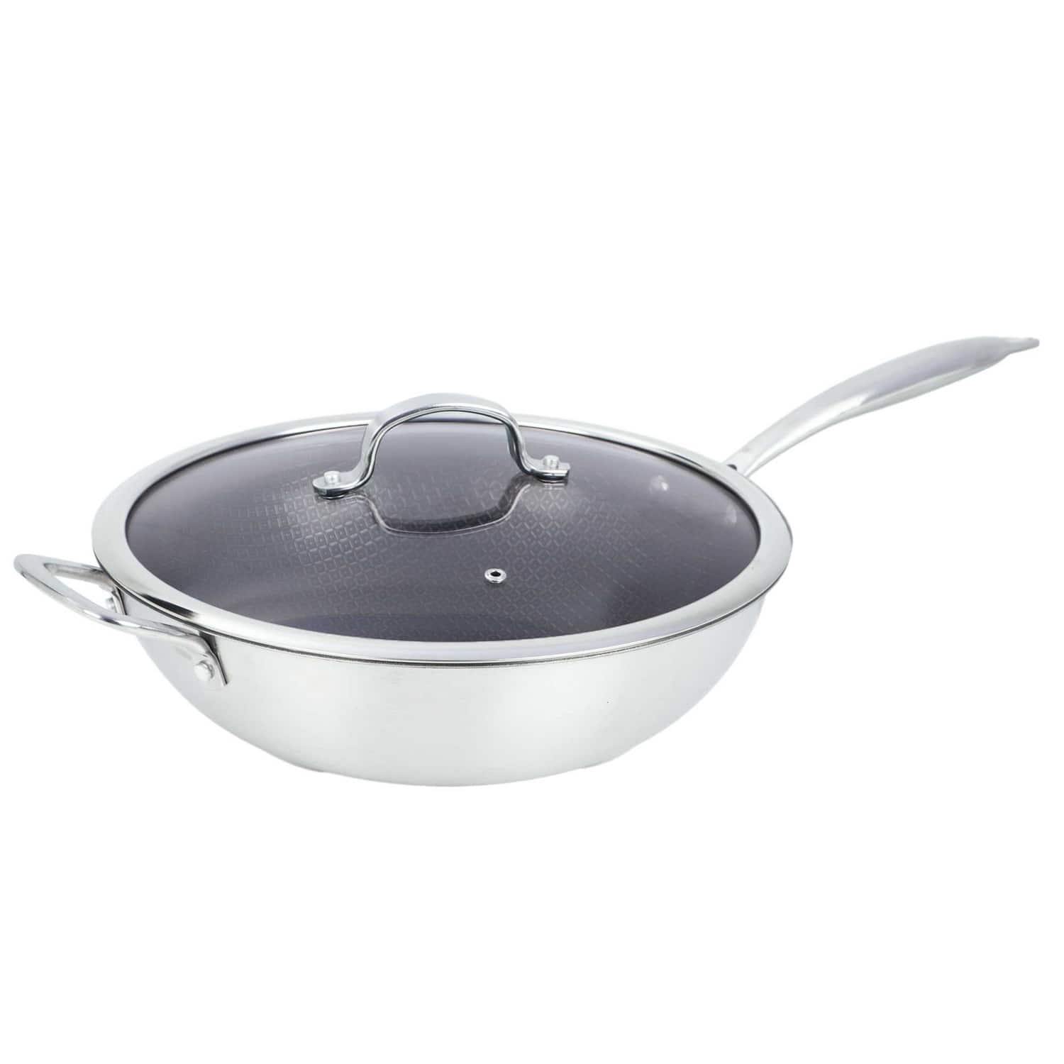 Brentwood - B-wh30l 12-in. 4.2-qt. 3-ply Hybrid Non-stick Stainless Steel Wok With Glass Lid - Silver