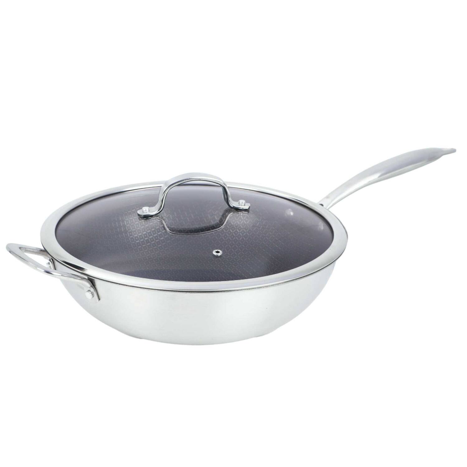 Front. Brentwood - Brentwood B-wh30l 12-in. 4.2-qt. 3-ply Hybrid Non-stick Stainless Steel Wok With Glass Lid - silver.