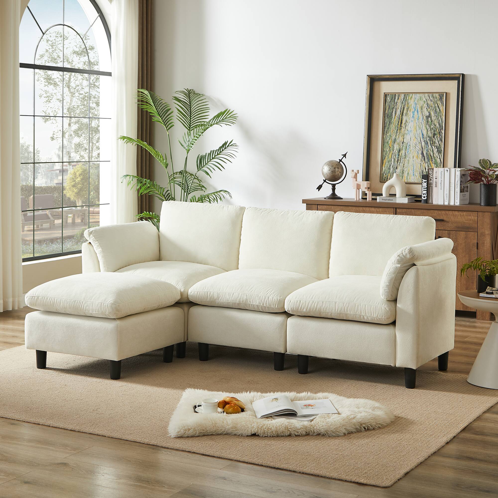 Angle. Electra Tech Xpress - Modern L-Shaped Chenille Upholstered Sectional Couch for Living Room, 3 Seater Cloud Sofa with Ottoman - BEIGE.