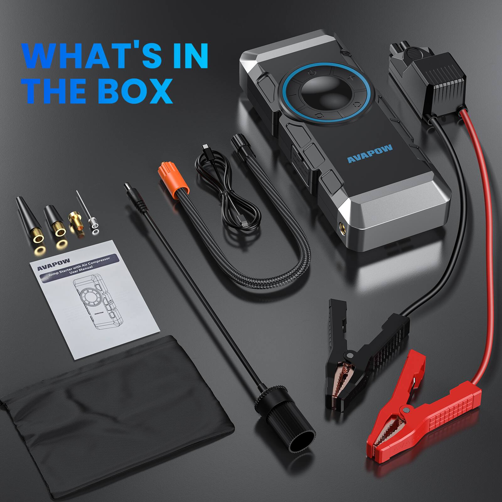 WHAT'S IN THE BOX  
AVAPOW  
Jump Starter with All Compression  
Wire Wrench