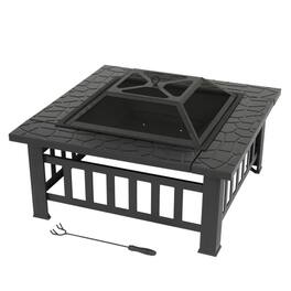 Winado - 32in Metal Fire Pit Stove, 3-in-1 Square Wood Burning Firepit Table with Cover for Outdoor Camping Garden Party Picnic - Black-Rectangle Pattern