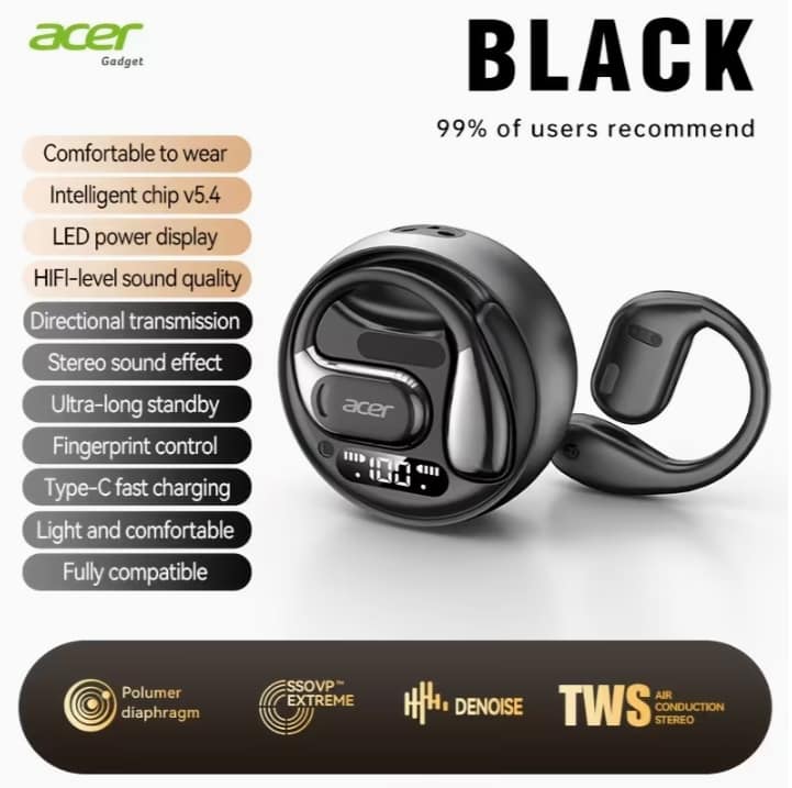Acer Gadget  
Comfortable to wear  
Intelligent chip v5.4  
LED power display  
HiFi-level sound quality  
Directional transmission  
Stereo sound effect  
Ultra-long standby  
Fingerprint control  
Type-C fast charging  
Light and comfortable  
Fully compatible  

BLACK  
99% of users recommend  

Polumer diaphragm  
SSOV™ EXTREME  
TWS  
AIR CONDUCTION STEREO  
DENoise