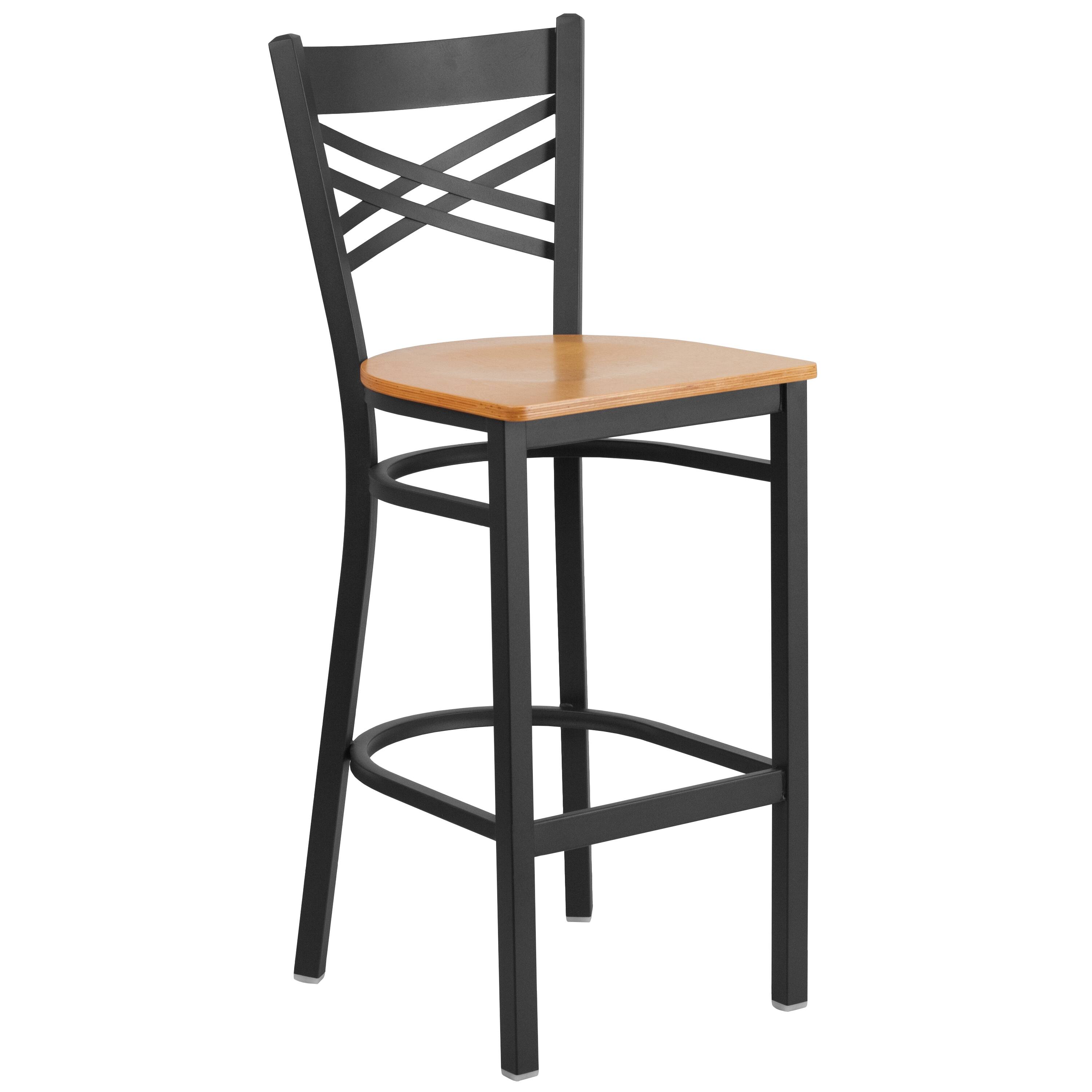Alt View 7. Emma + Oliver - 2 Pack "X" Back Metal Restaurant Barstool - Natural Wood Seat/Black Metal Frame.