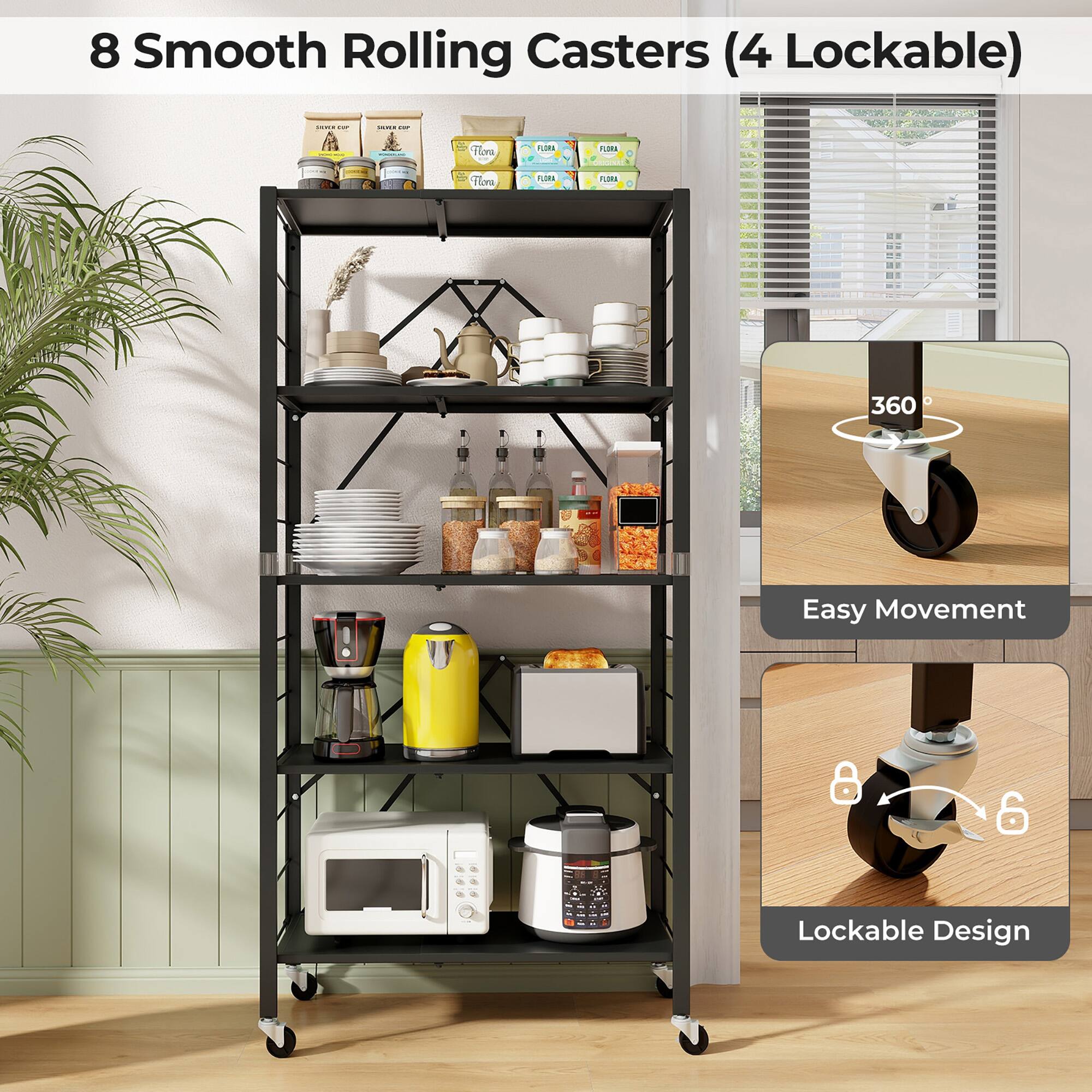 Alt View 3. Gymax - Gymax 2PCS Foldable Storage Shelf w/ Wheels Adjustable Shelves Metal Shelving Unit - Black.