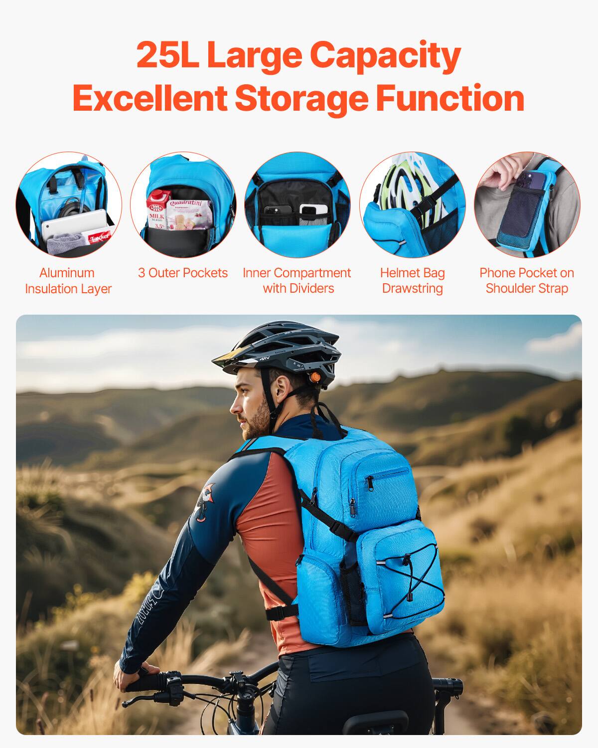25L Large Capacity  
Excellent Storage Function  

- Aluminum Insulation Layer  
- 3 Outer Pockets  
- Inner Compartment with Dividers  
- Helmet Bag Drawstring  
- Phone Pocket on Shoulder Strap