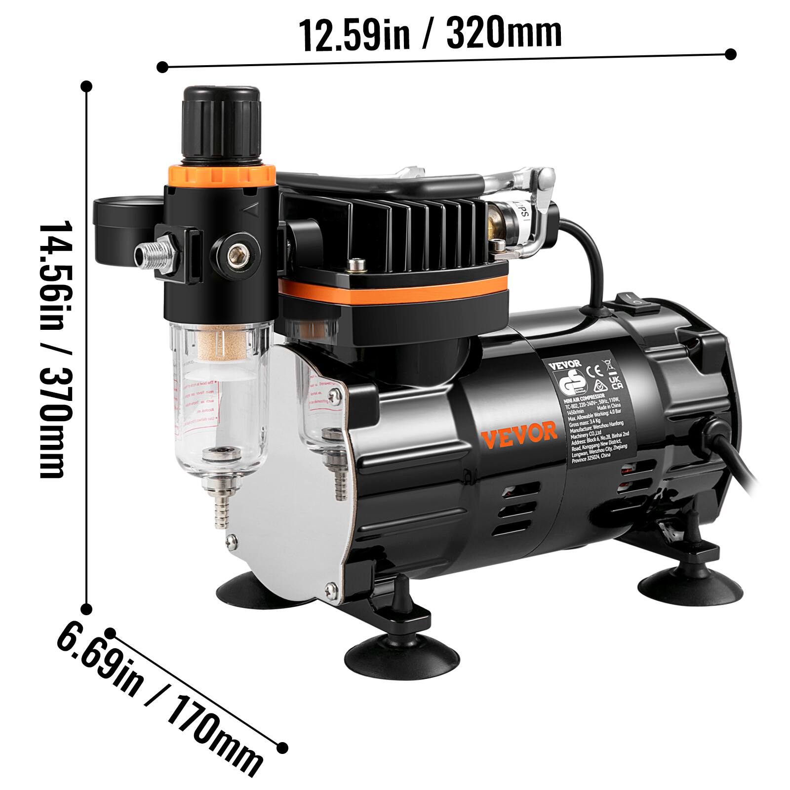 12.59in / 320mm  
14.56in / 370mm  
6.69in / 170mm  

VEVOR CE x GS  

VEVOR  
Model: 8 S 2 A Rod FN  

- - WL - AN - - - - -i st - - - - SANg - Mde - VEVOR Pton our 8 S 2 A Rod FN - - - dn - jin 200 -LOM -e - 6.69in I 170mm