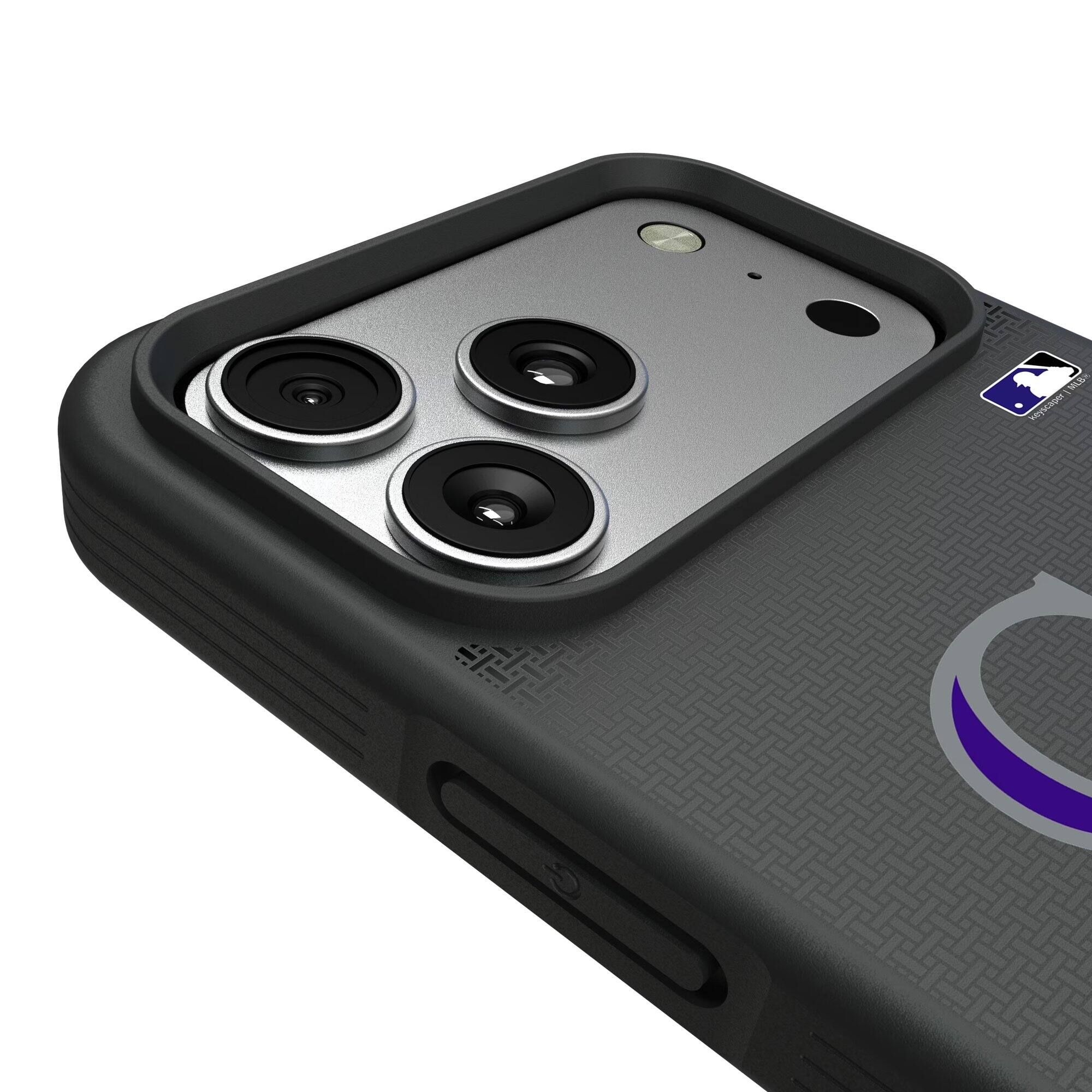Alt View 2. Keyscaper - Colorado Rockies Linen Logo iPhone Bump Case - 14 Pro Max - Black.