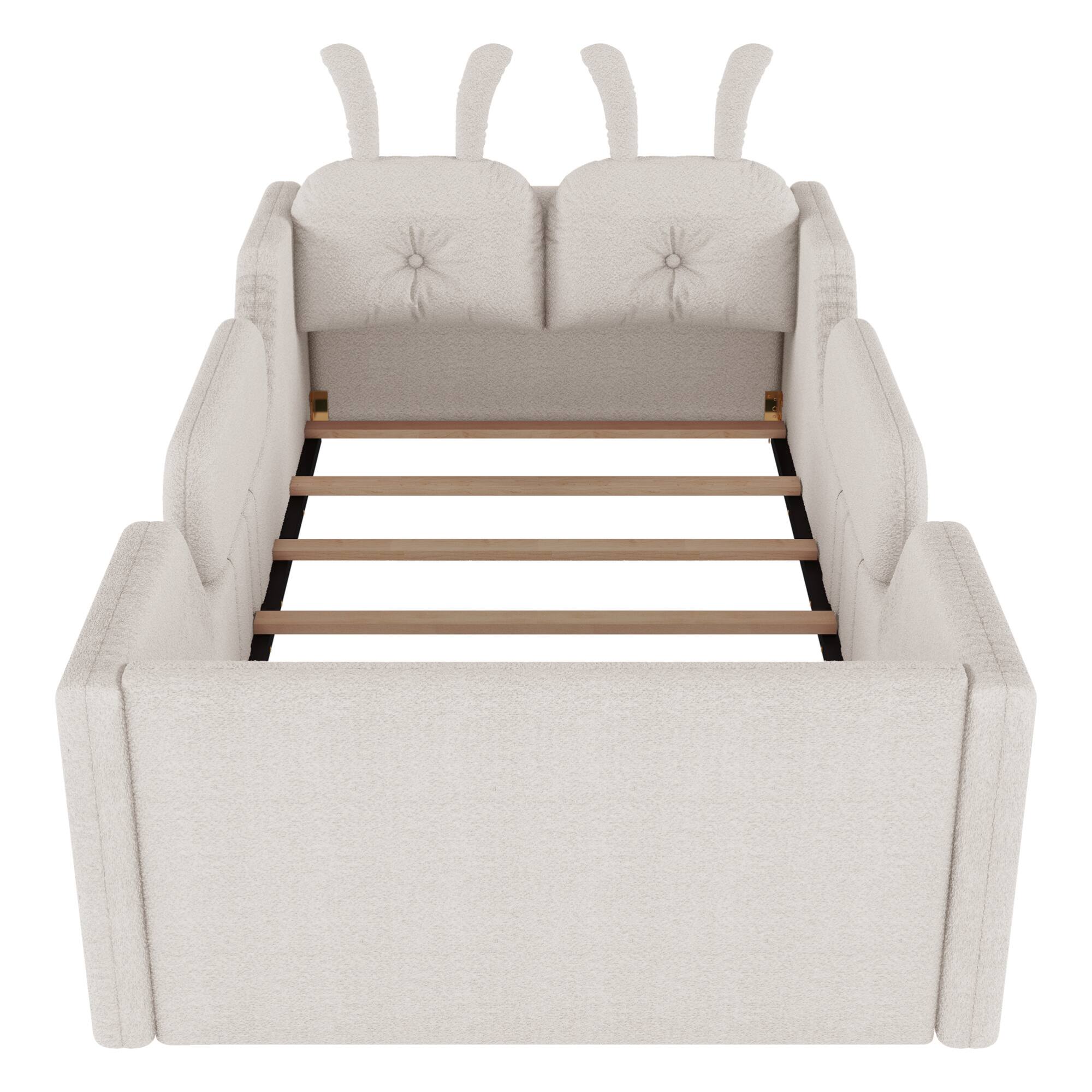 Alt View 4. GOODSILO - Twin Size Upholstered Platform Bed with Decorative Cushions and Removable Safety Rails for Children - White.