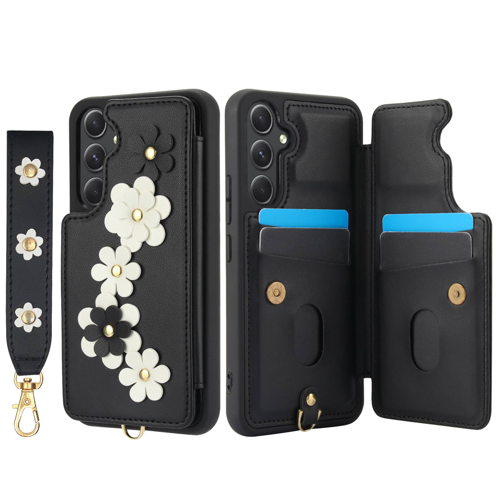 Angle. Dteck - Wallet Case For Samsung Galaxy A17 5G Crossbody Wrist Strap Flower Leather Flip Kickstand Magnetic Snap Cover - Black.