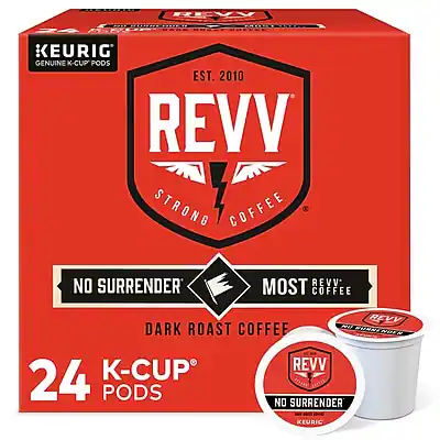 REVV - KEURIG GENUINE K-CUP PODS EST. 2010 REVV STRONG COFFEE NO SURRENDER REVV MOST COFFEE REVV DARK ROAST COFFEE 24 K-CUP PODS NO SURRENDER KEURIG