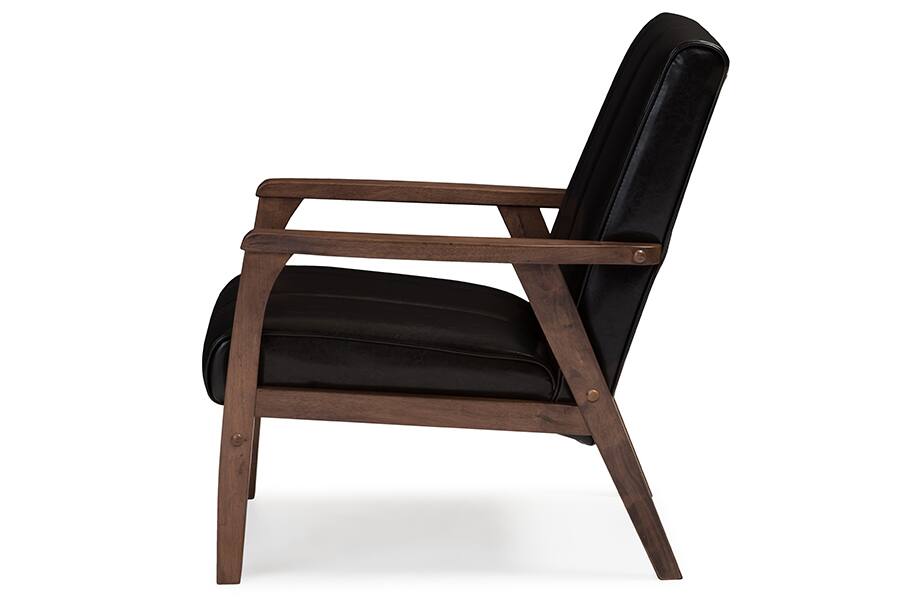 Angle. Baxton Studio - Nikko Mid-century Modern Scandinavian Style Dark Faux Leather Wooden Lounge Chair - Dark Brown.