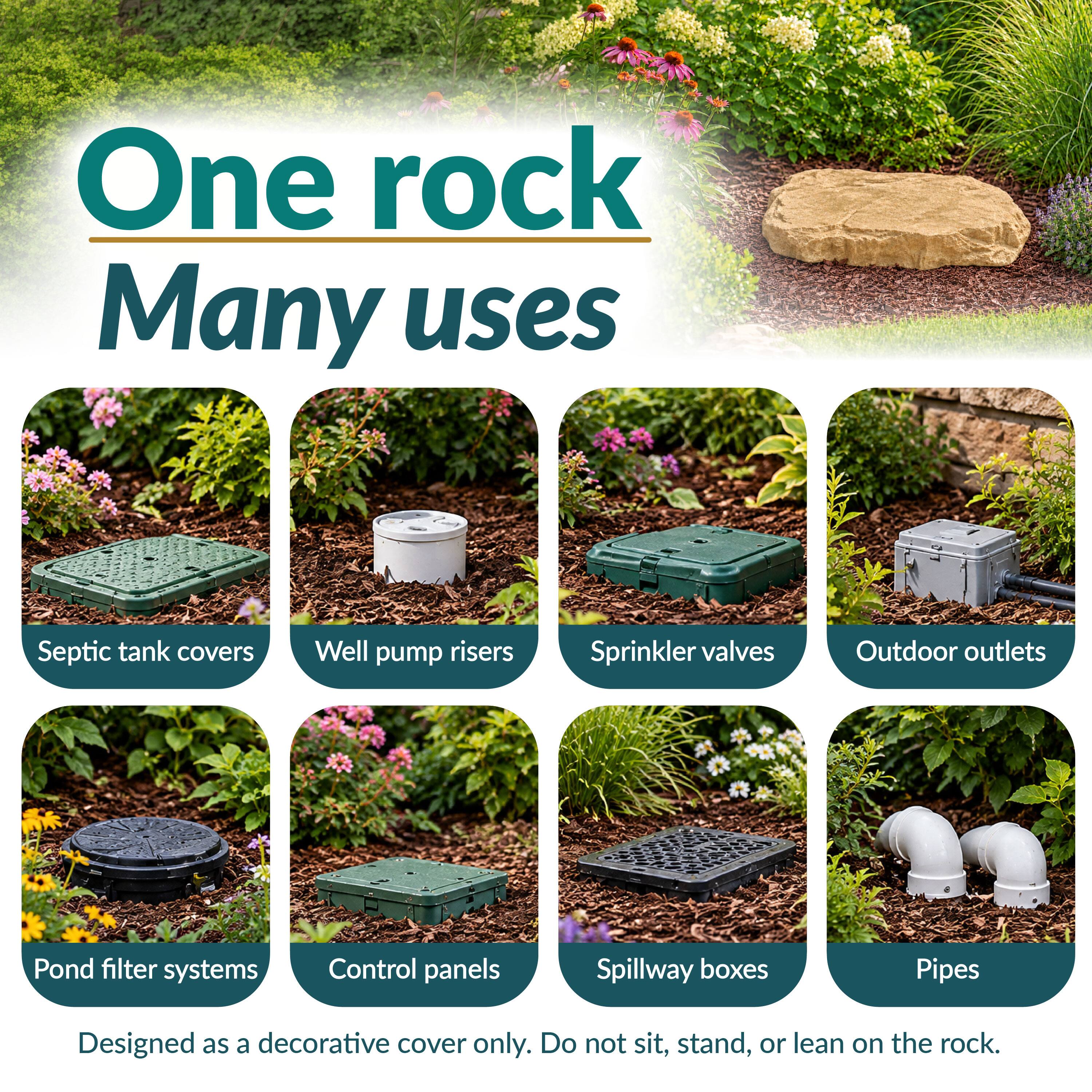 One rock Many uses

Septic tank covers  
Well pump risers  
Sprinkler valves  
Outdoor outlets  
Pond filter systems  
Control panels  
Spillway boxes  
Pipes  

Designed as a decorative cover only. Do not sit, stand, or lean on the rock.