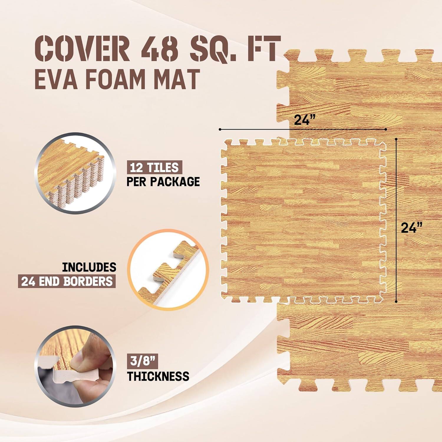 COVER 48 SQ. FT EVA FOAM MAT  
24" x 24"  
12 TILES PER PACKAGE  
INCLUDES 24 END BORDERS  
3/8" THICKNESS