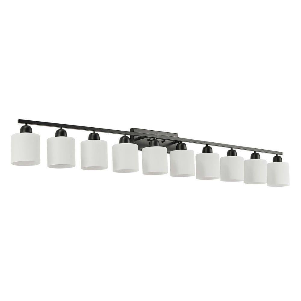 Angle. Kadyn - 10 Light Bathroom Vanity Lights Over Mirror, 65.4 inch Black Vanity Lights Fixtures with White Glass Shades, Black - Black.