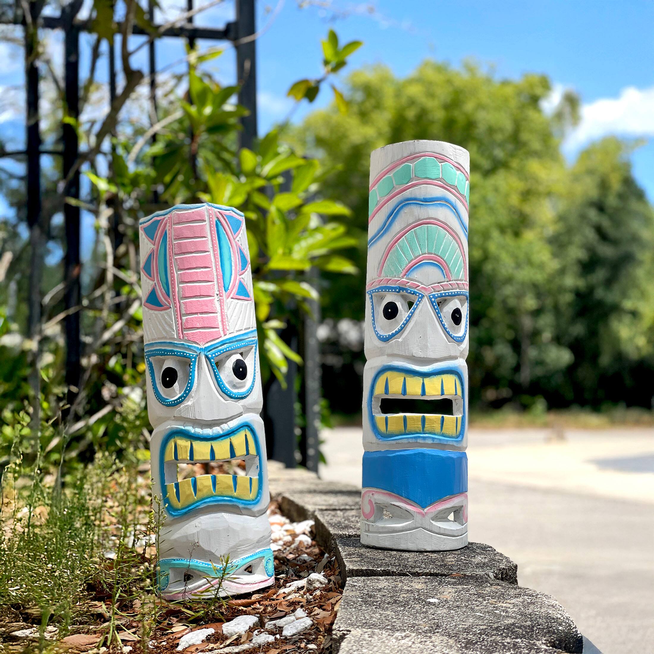 Alt View 4. Chesapeake Bay - Set of 2 - 20" Pastel Pink & Blue Tiki Masks Wood Wall Decor Indoor/Outdoor - White.