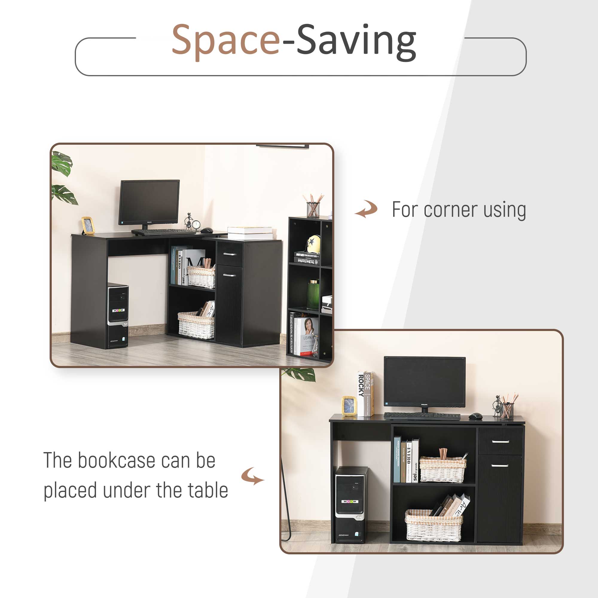 Space-Saving, For corner using, The bookcase can be placed under the table.