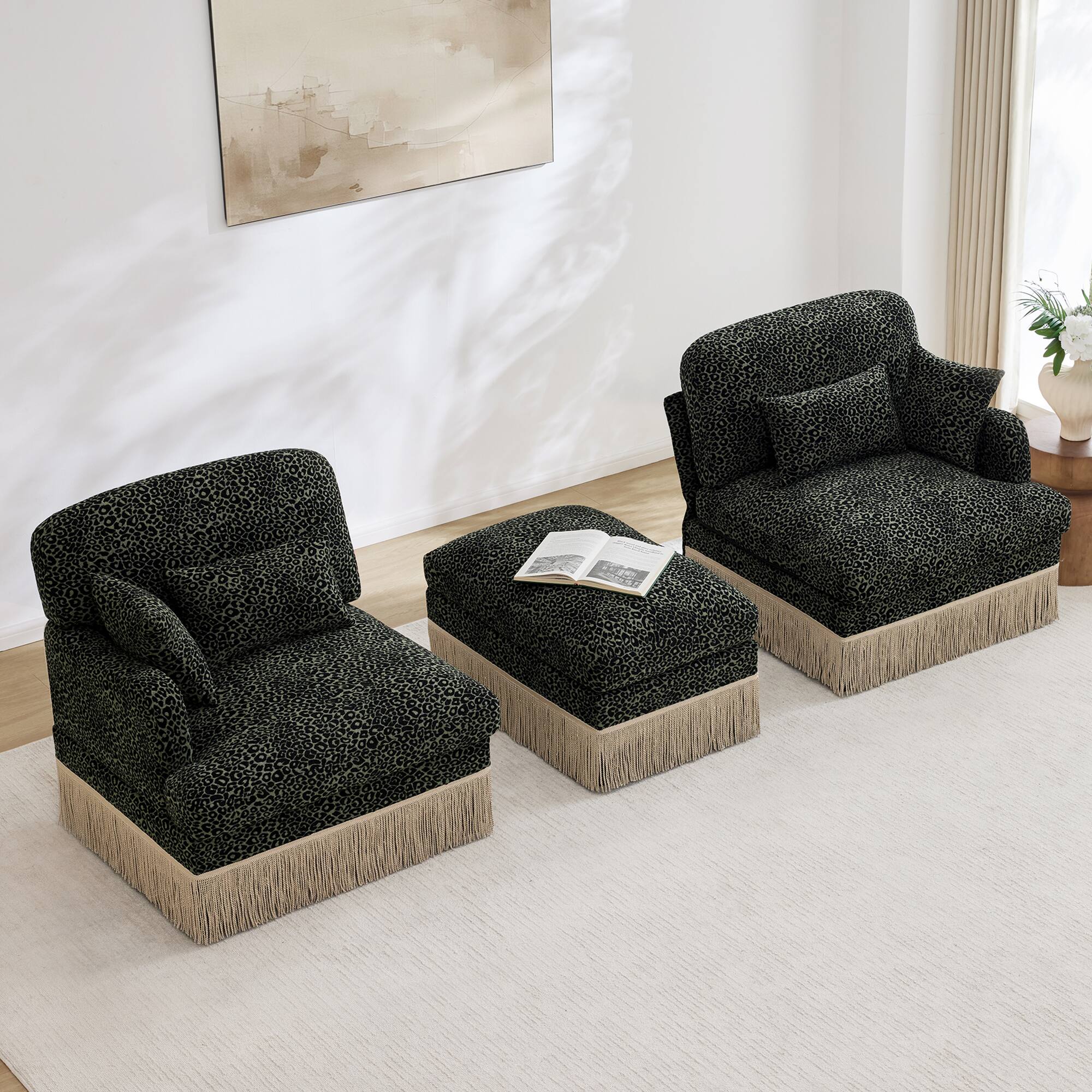 Back. Anysun - Delicate Fashion Style Chenille Leopard Printing L-Shape Sofa with Movable Ottoman, Easy Assembly - Green.