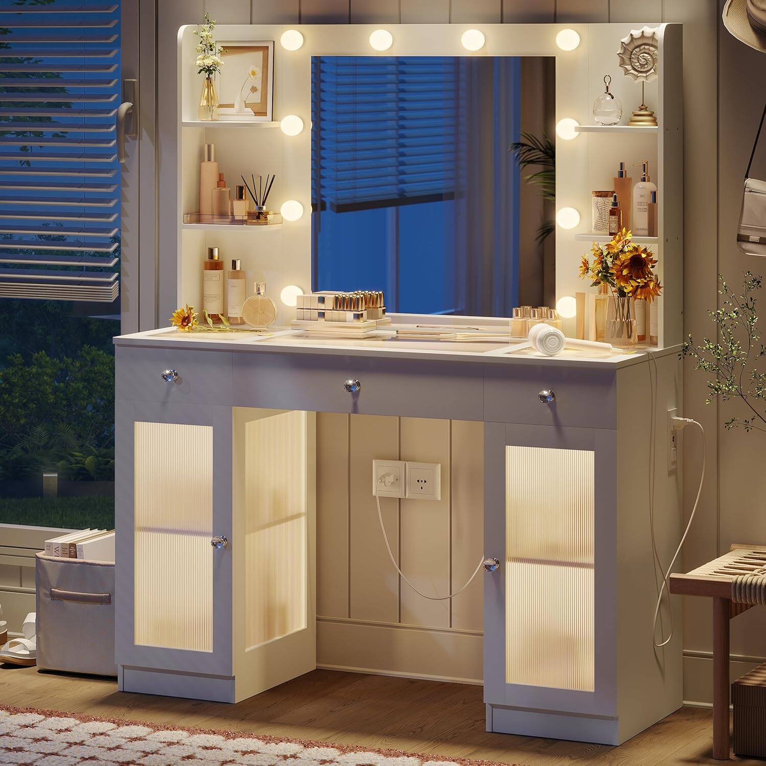 Alt View 5. DIYSET - DIYSET Vanity Desk with Lighted Mirror, Glass Top Vanity with 2 Cabinets & 3 Drawers & 4 Shelves - White - White.