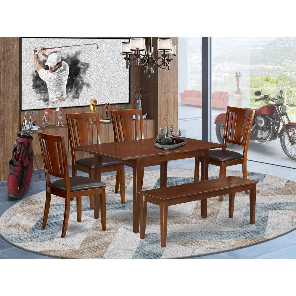 Back. East West Furniture - 6 Pc Small dinette set - Table with Leaf and 4 Seat Chairs and Dining Bench - Mahogany.