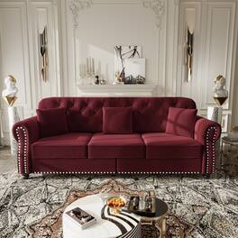 Anysun - 82.6" Velvet Chesterfield Sofa w/ Nailhead Trim, Rolled Armrests, Button Tufted, 3 Pillows, Mid-Century - Red
