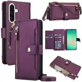 Dteck - Zipper Wallet Case for Samsung Galaxy A17 5G,Detachable Crossbody Flip Faux Leather Card Slots Kickstand Cover+Lanyard - Darkpurple
