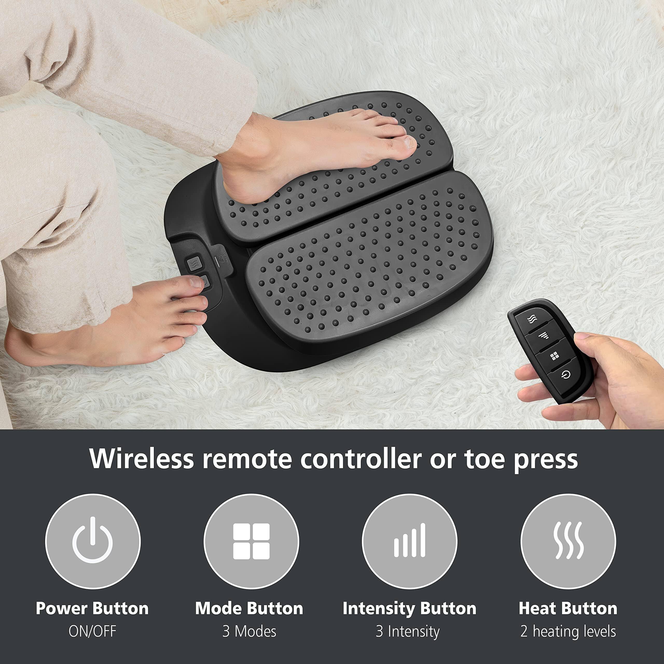 Wireless remote controller or toe press

- Power Button: ON/OFF
- Mode Button: 3 Modes
- Intensity Button: 3 Intensity
- Heat Button: 2 heating levels