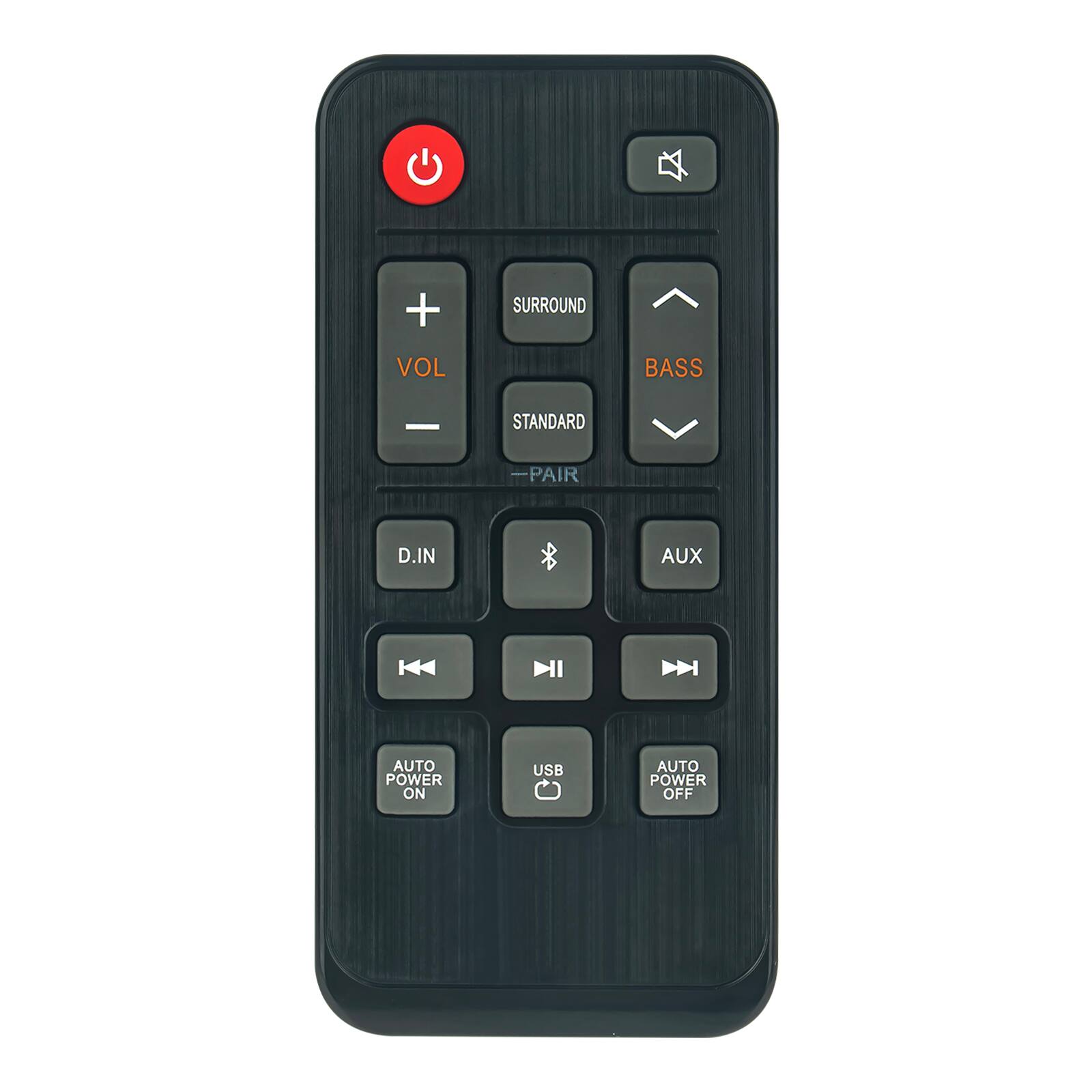 + SURROUND VOL BASS  
STANDARD PAIR  
D.IN AUX  
AUTO POWER ON USB  
AUTO POWER OFF