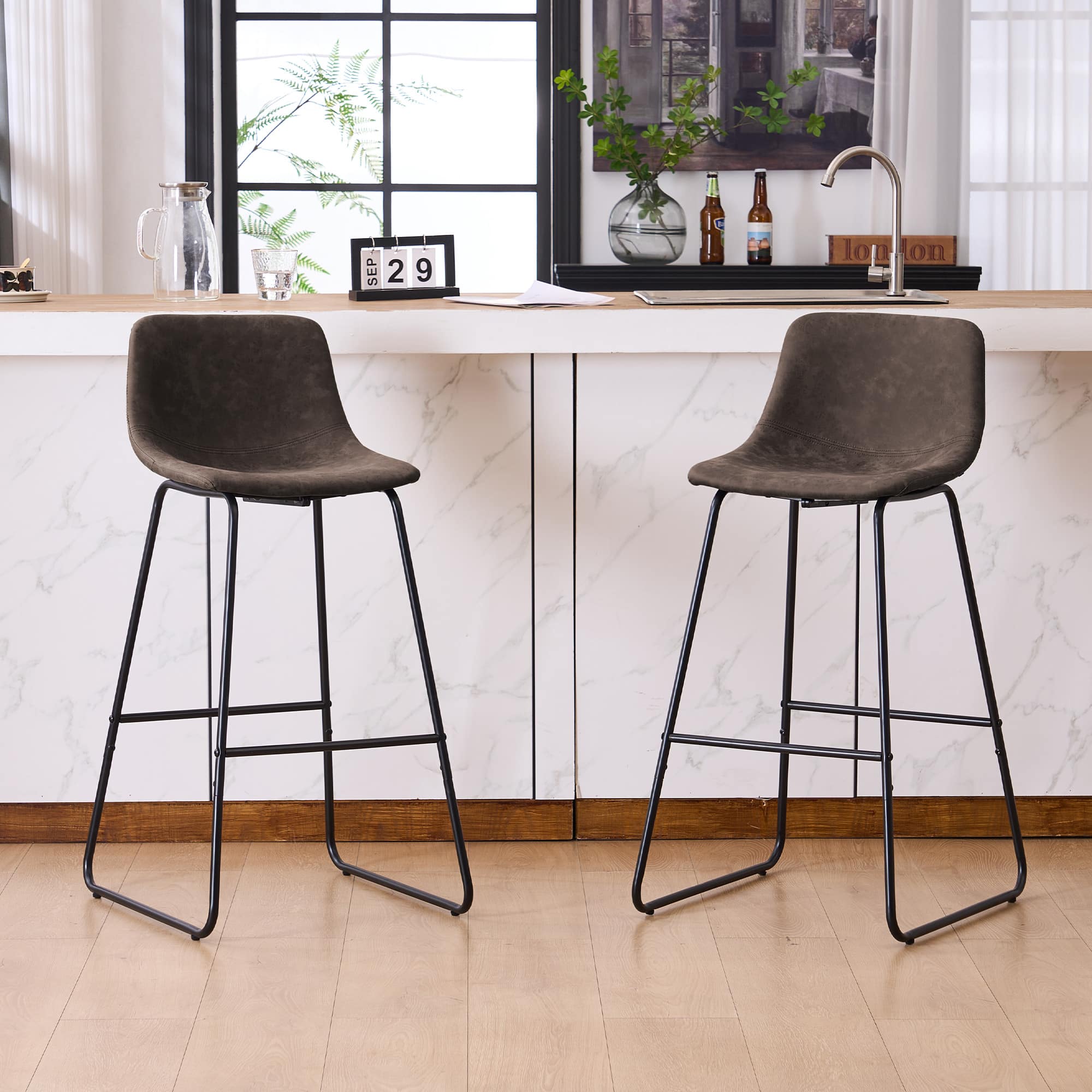 FERPIT - Faux Shearling Counter Height Bar Stools Set of 2, Upholstered Bar Stools with Footrest, 24" - Dark Brown