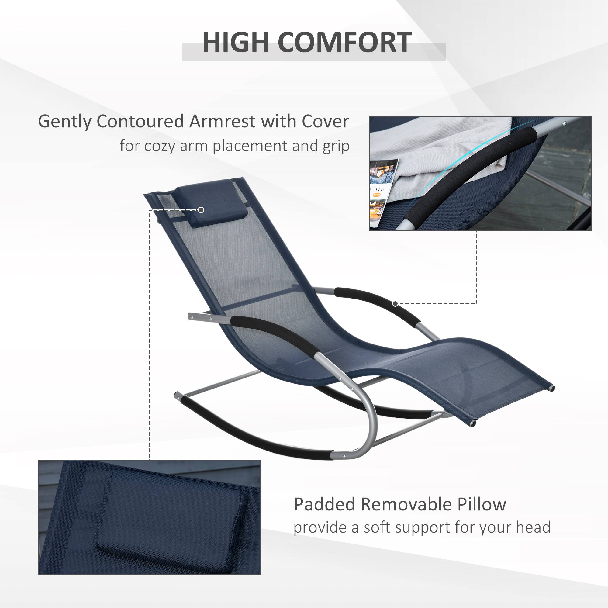 HIGH COMFORT

Gently Contoured Armrest with Cover for cozy arm placement and grip

Padded Removable Pillow provide a soft support for your head
