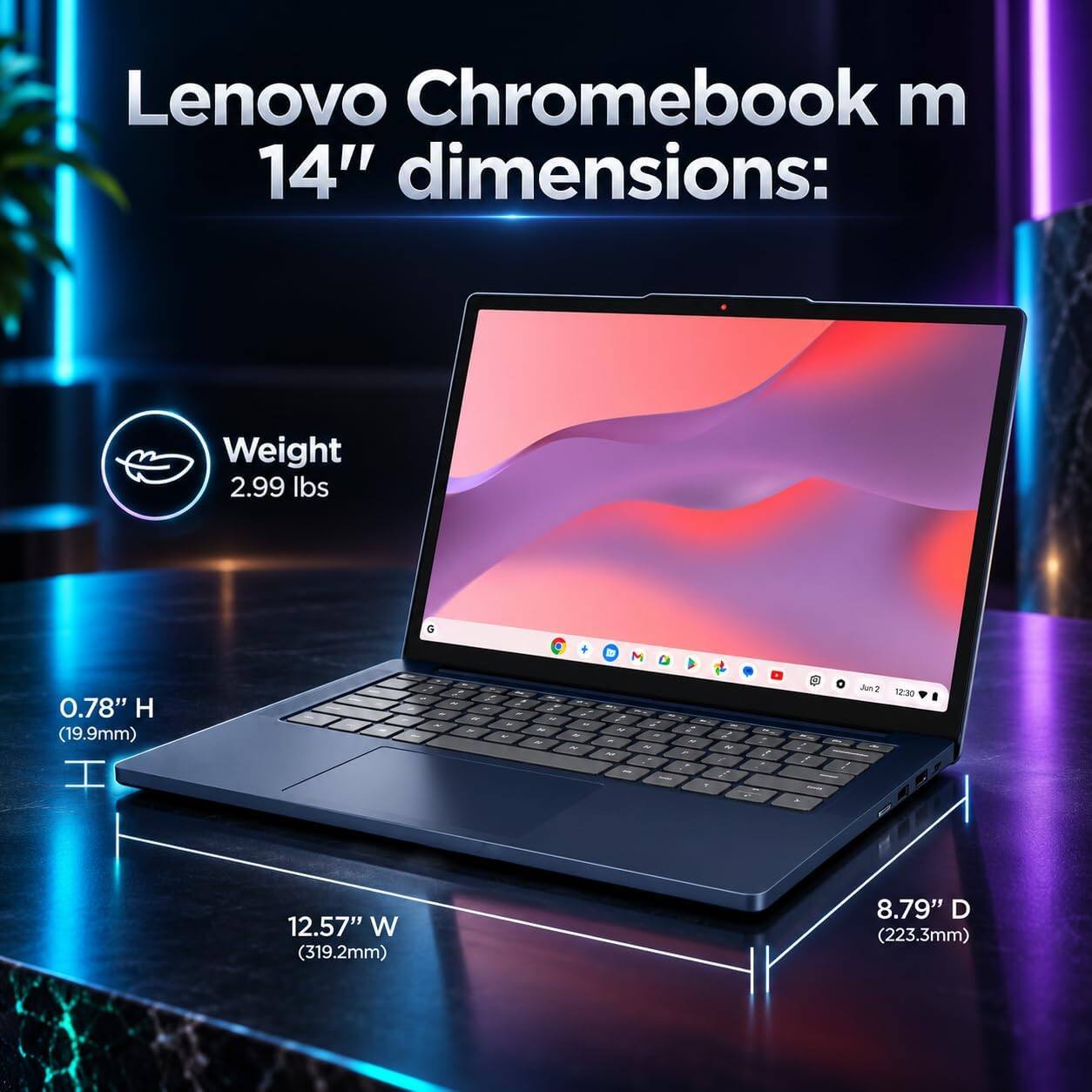 Lenovo Chromebook m 14" dimensions:
Weight 2.99 lbs
0.78" H (19.9mm)
12.57" W (319.2mm)
8.79" D (223.3mm)