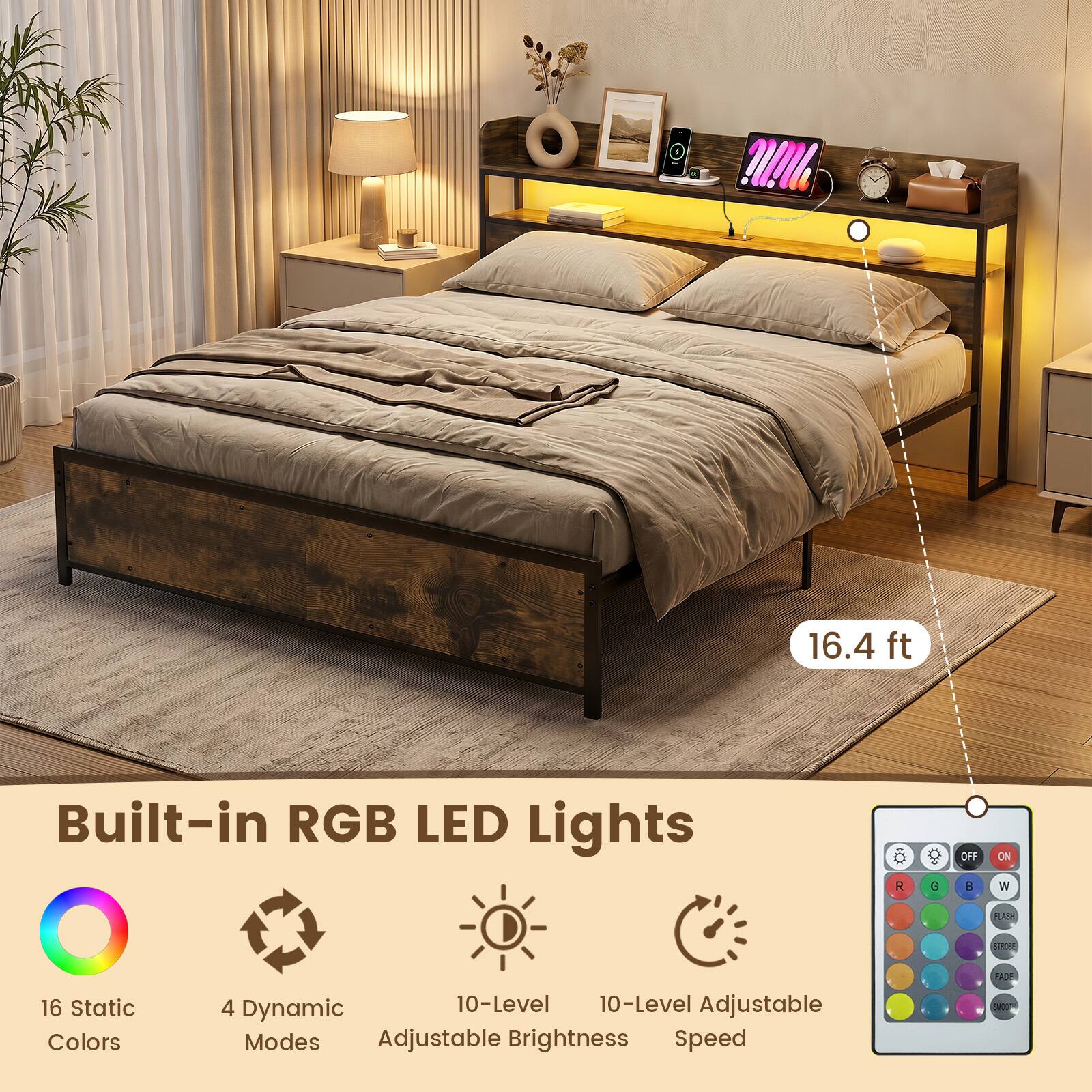 1 16.4 ft Built-in RGB LED Lights R G OFF B ON W FLASH 1Ce 16 Static Colors 4 Dynamic 10-Level 10-Level Adjustable Modes Adjustable Brightness Speed
