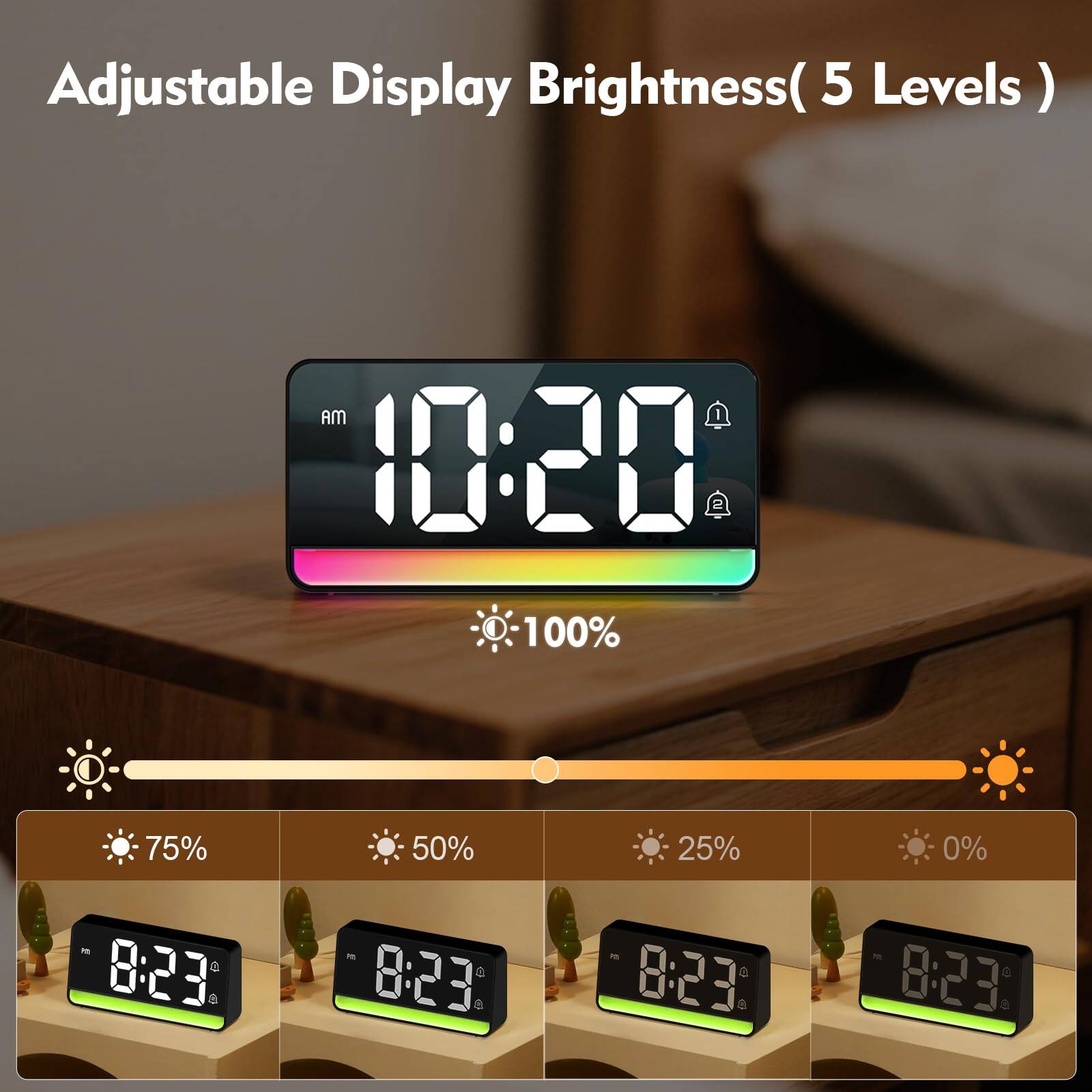 Adjustable Display Brightness (5 Levels)

AM 10:20

100% 75% 50% 25% 0%

8:23 a - C 8:23 8:23 a 8:23