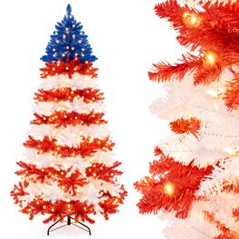 Costway - 7.5 FT Patriotic Pre-Lit Artificial Christmas Tree with 1341 Branch Tips 480 Lights - Red