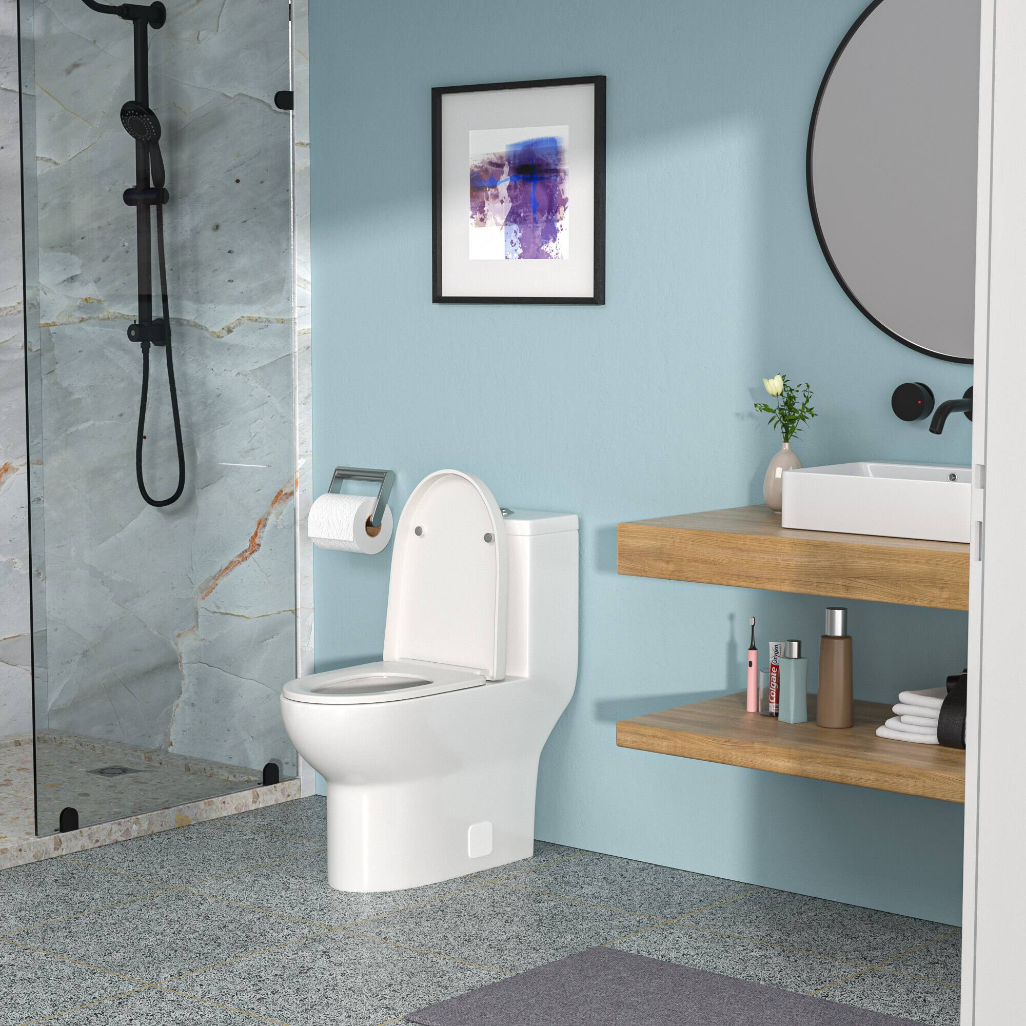 Back. TinyHomie - Ceramic One Piece Toilet Dual Flush with Soft Closing Seat - White.