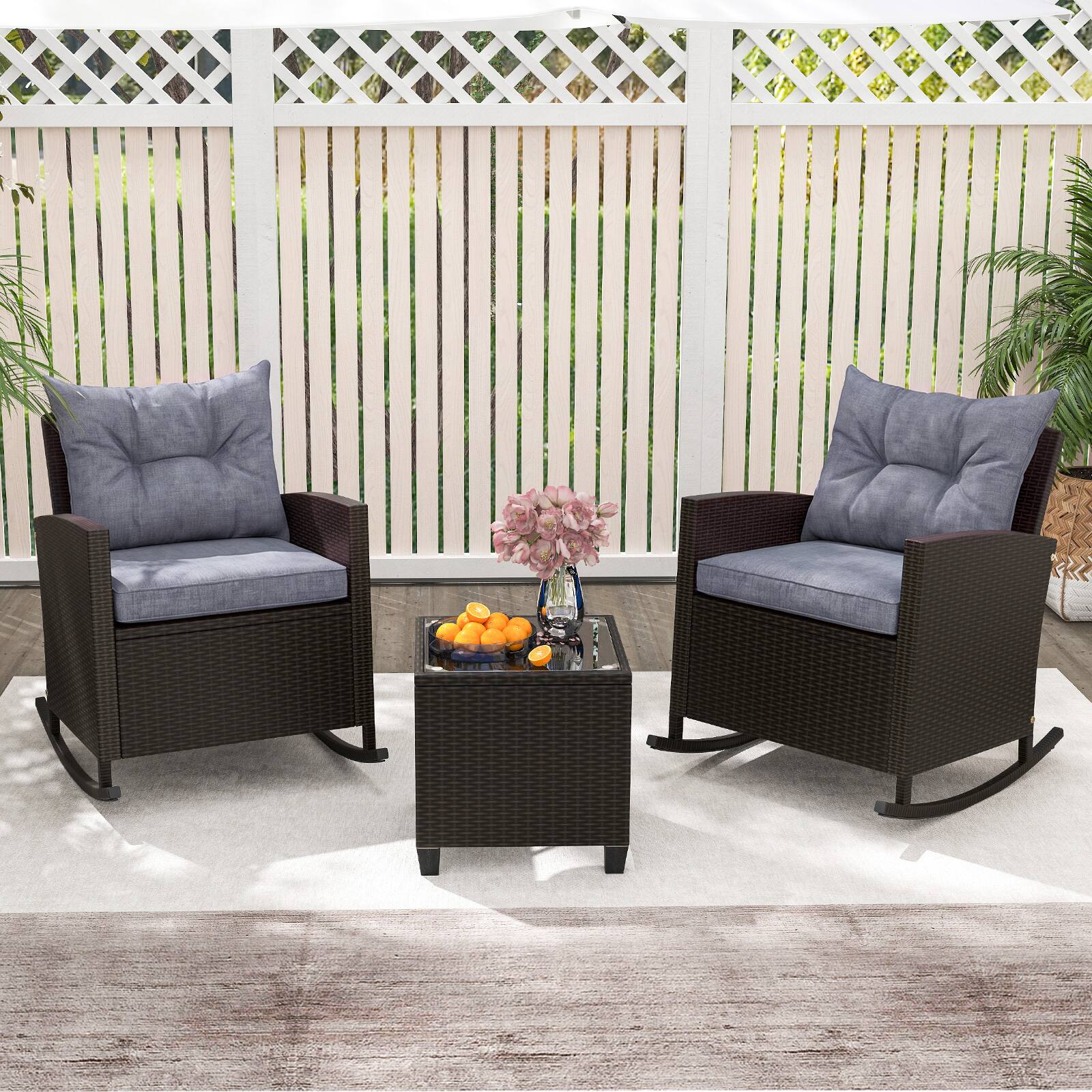 Alt View 4. Costway - Costway 3PCS Patio Wicker Rocking Set with Tempered Glass Table & Soft Cushions Outdoor - Mix Brown+Gray.