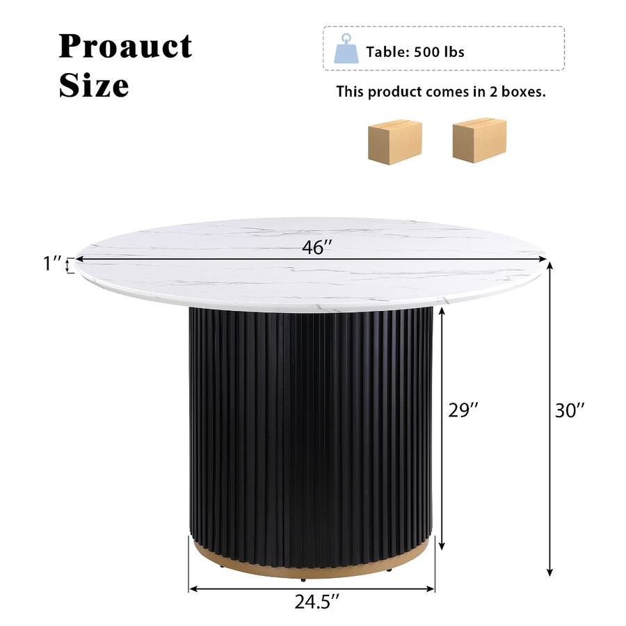 Marbled Metal Rings Loheer 46 Inch Round Faux Marble Dining Table with Black Fluted Metal ...