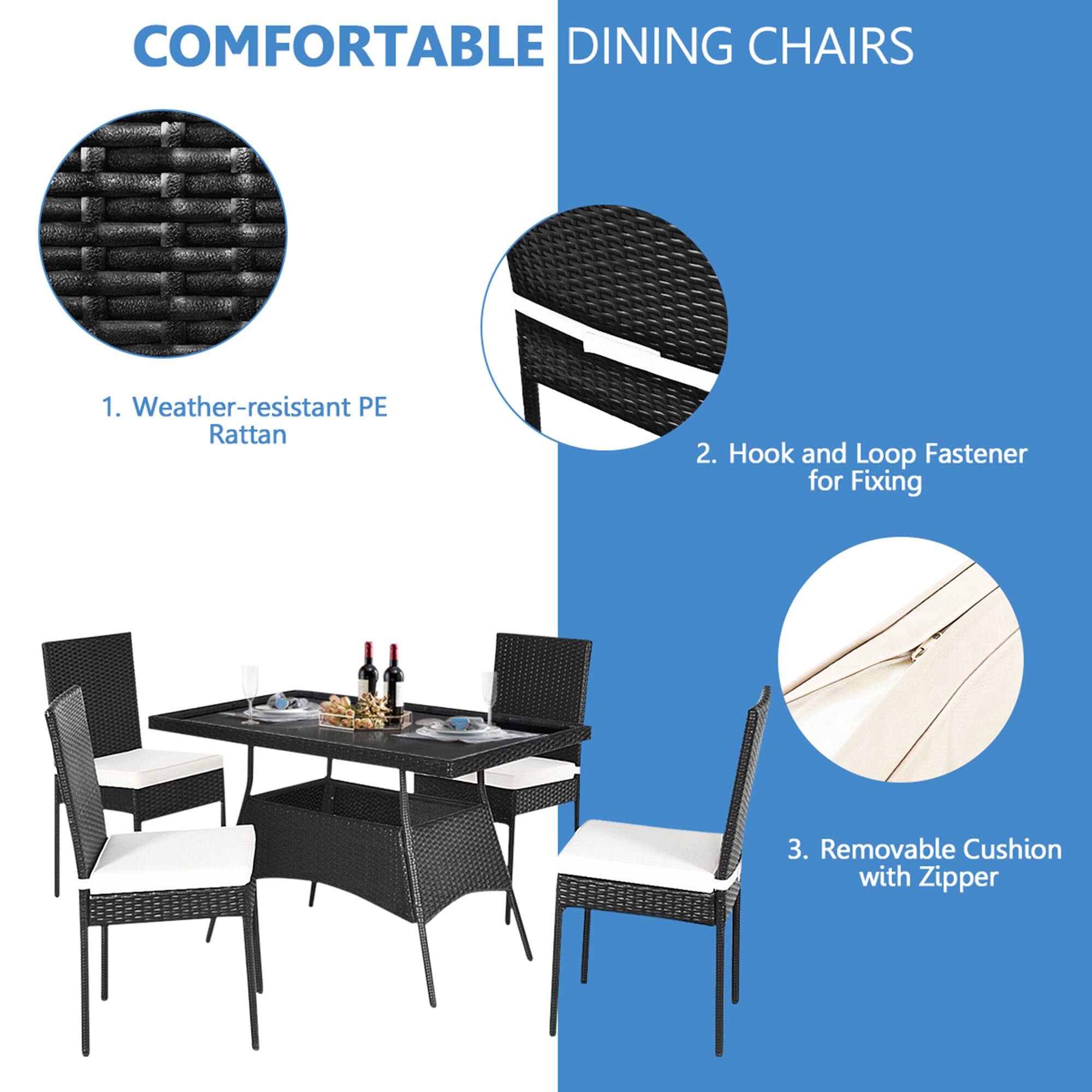COMFORTABLE DINING CHAIRS

1. Weather-resistant PE Rattan
2. Hook and Loop Fastener for Fixing
3. Removable Cushion with Zipper