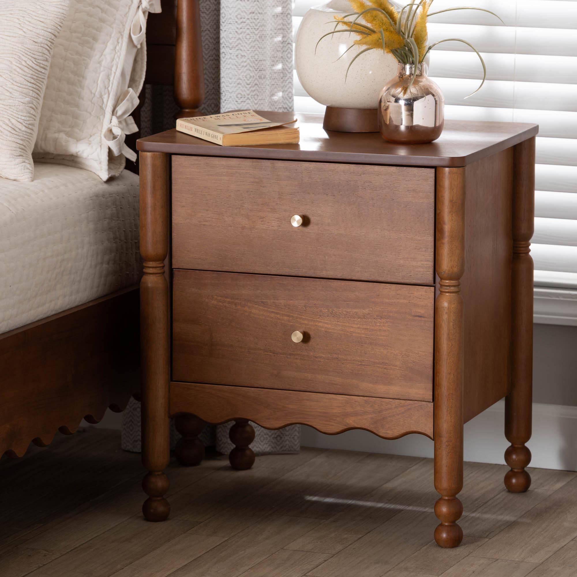 Alt View 4. Baxton Studio - Hoffman Nightstand - 2-Drawer Bedside Table with Scalloped Apron and Turned Legs for Bedroom - Walnut Brown.