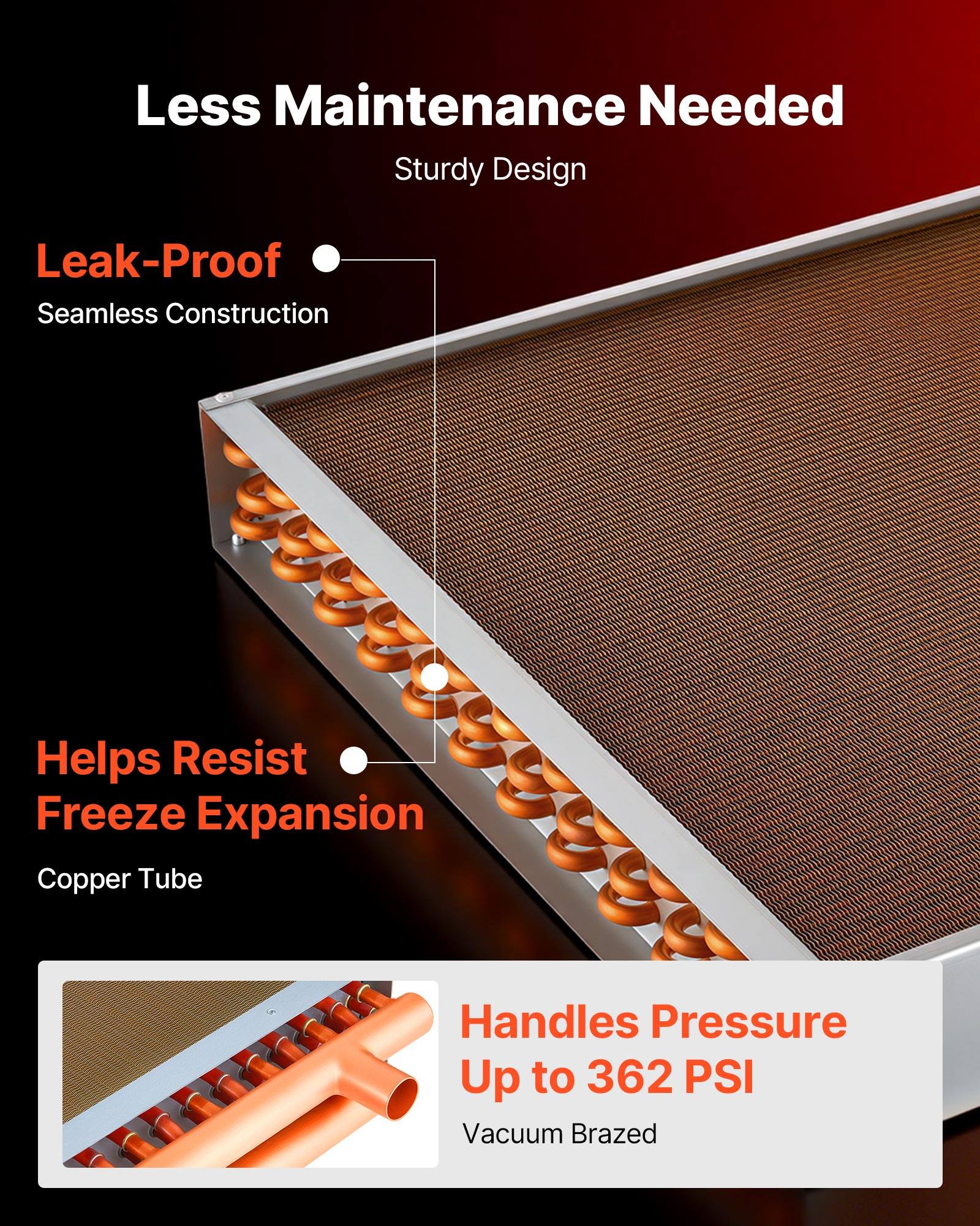 Less Maintenance Needed  
Sturdy Design  
Leak-Proof  
Seamless Construction  
Helps Resist Freeze Expansion  
Copper Tube  
Handles Pressure Up to 362 PSI  
Vacuum Brazed