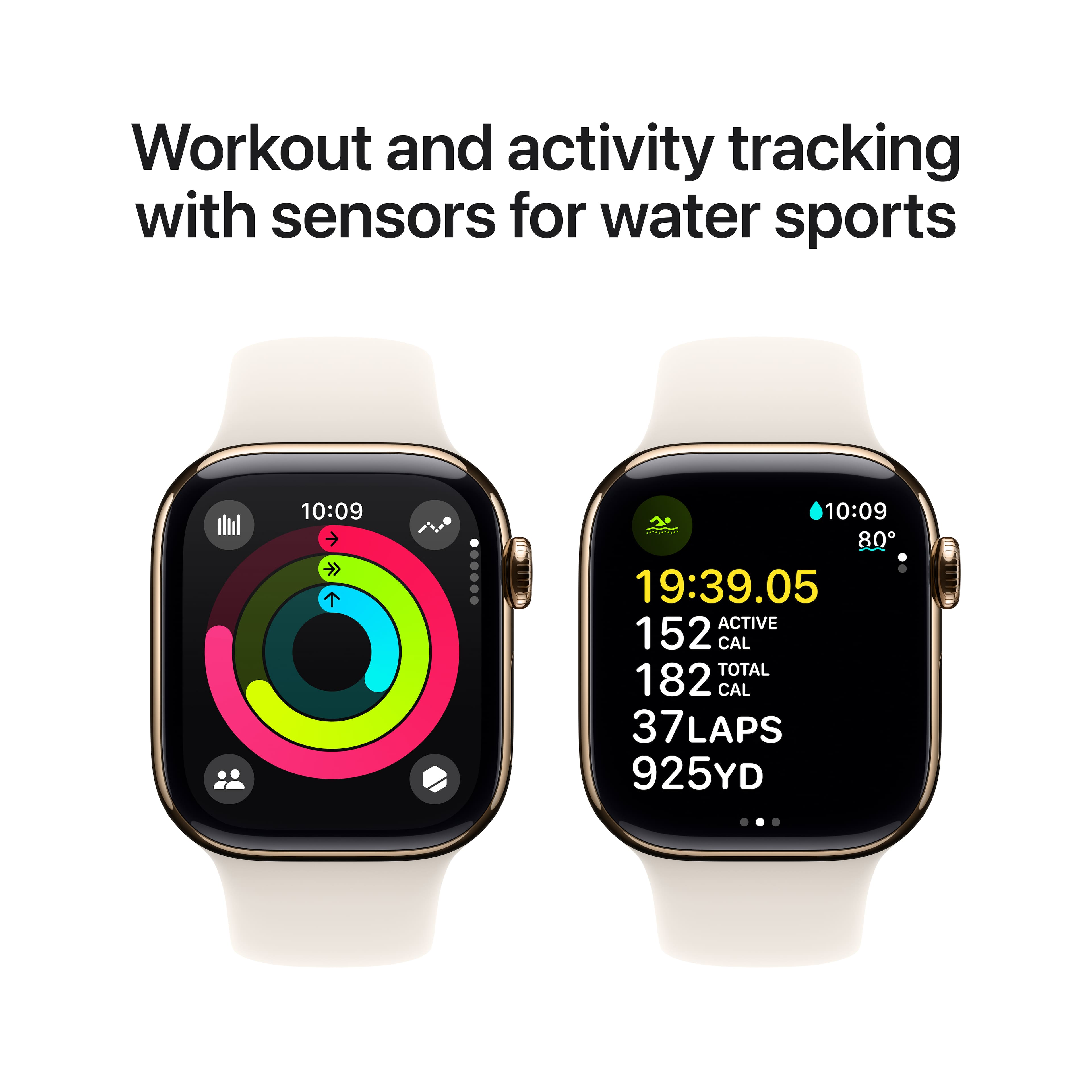 Workout and activity tracking with sensors for water sports: 10:09 10:09 19:39.05 Active 152 Cal Total 182 Cal 37 Laps 925 Yd.
