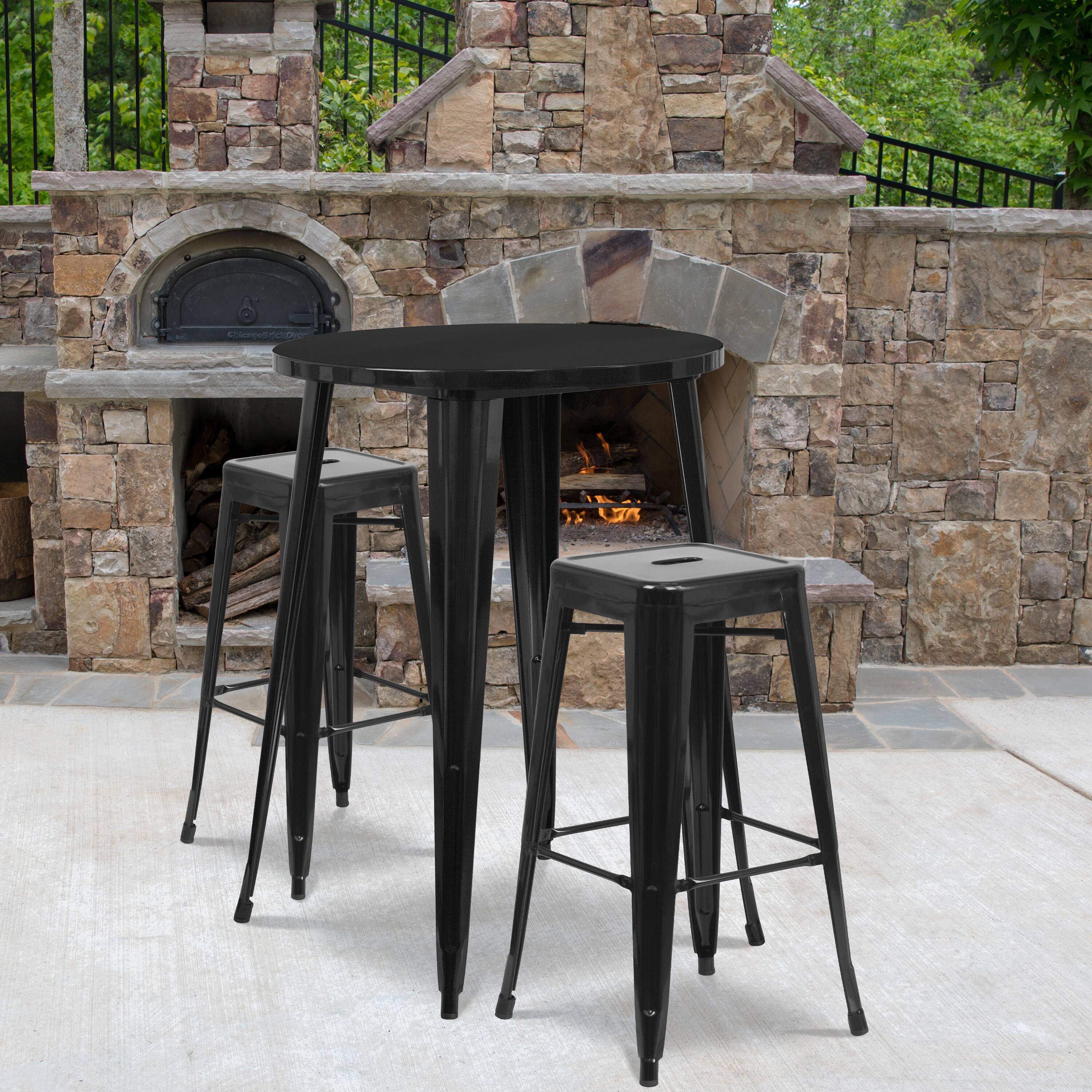Alt View 1. Emma + Oliver - Commercial Grade 30" Round Metal Indoor-Outdoor Bar Table Set, 2 Backless Stools - Black.