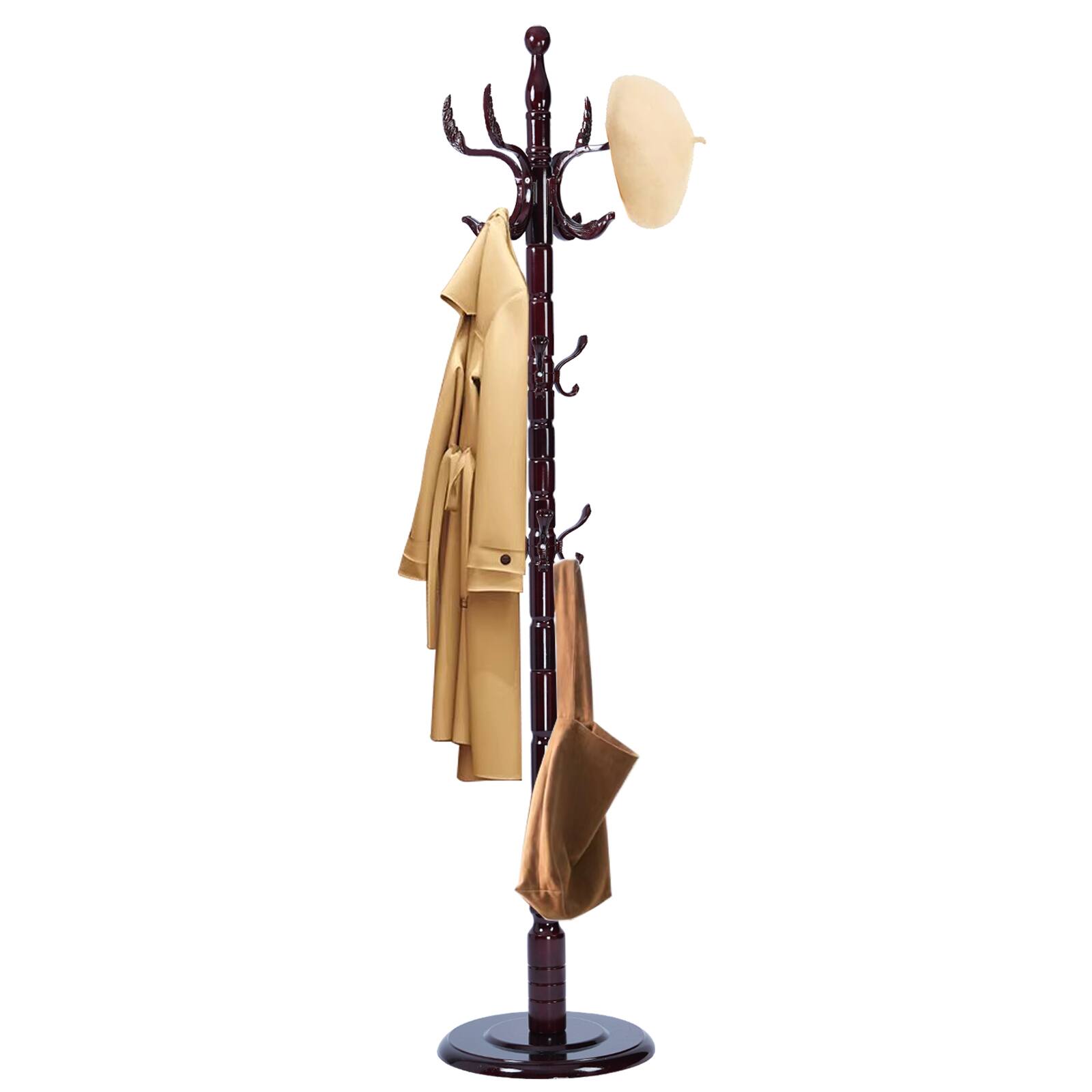 Front. Chateau Abodes - Solid Wood Coat Rack, Free Standing Hall Coat Tree with 14Hooks, 3 Height Options, 300lbs Load, Stury Base - Wooden Phoenix Hook.