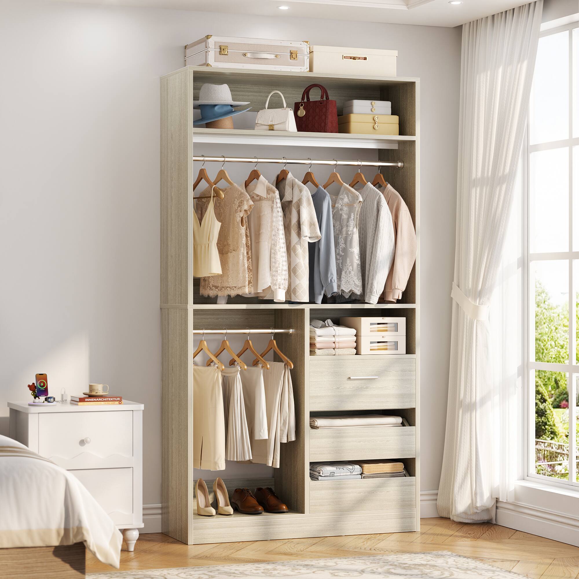 Left. Aheaplus - 108"W x 16"D x 80"H 3-Piece Heavy Duty Closet Organizer System with Drawers & Rods - White Oak.