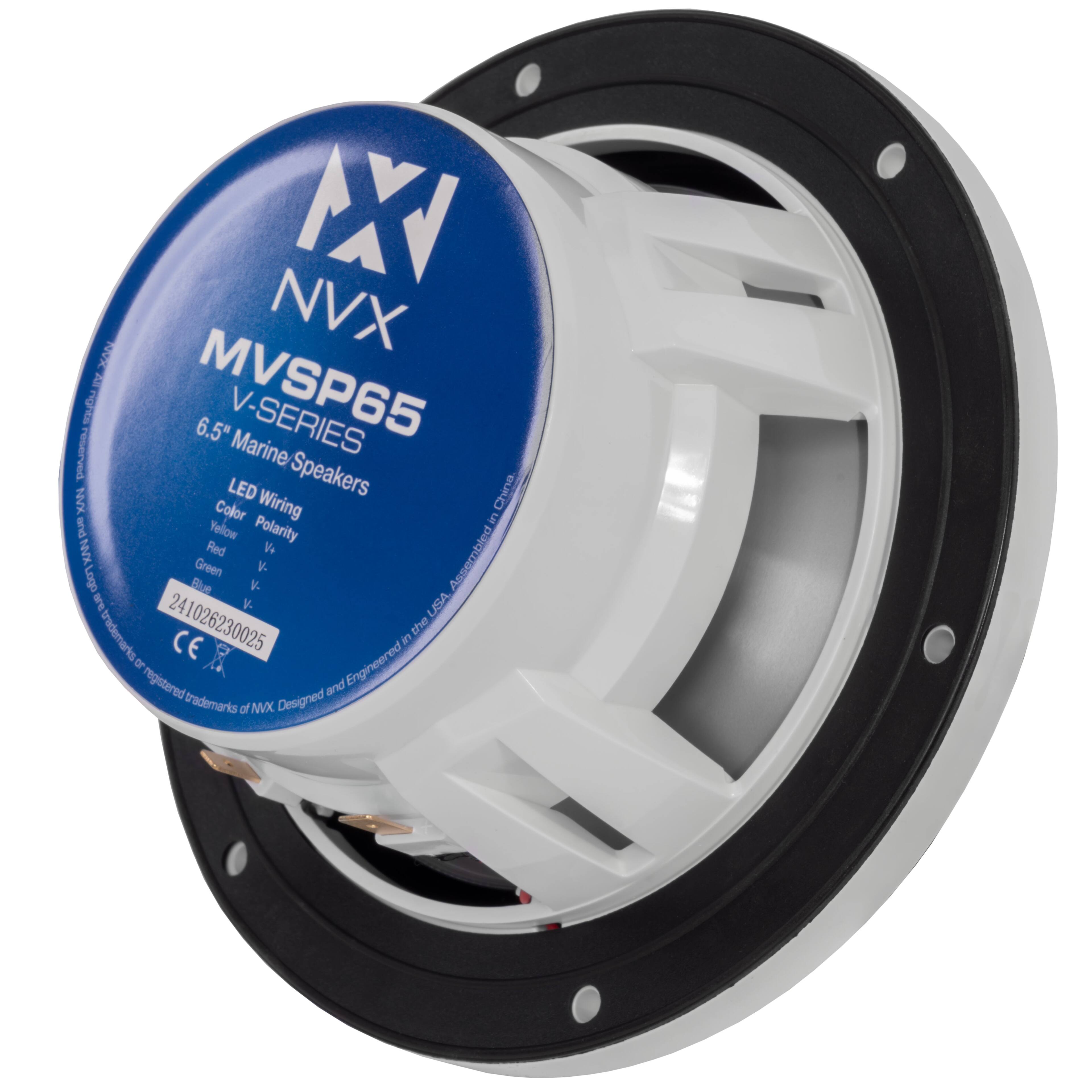 NVX MVSP65 V-SERIES 6.5" Marine Speakers  
LED Wiring Color Polarity  
Red  
Yellow  
Green  
Blue  
Made in China  
Assembled in the USA  
CE  
24102630025  
Designed and Engineered in the USA  
Trademarks of NVX