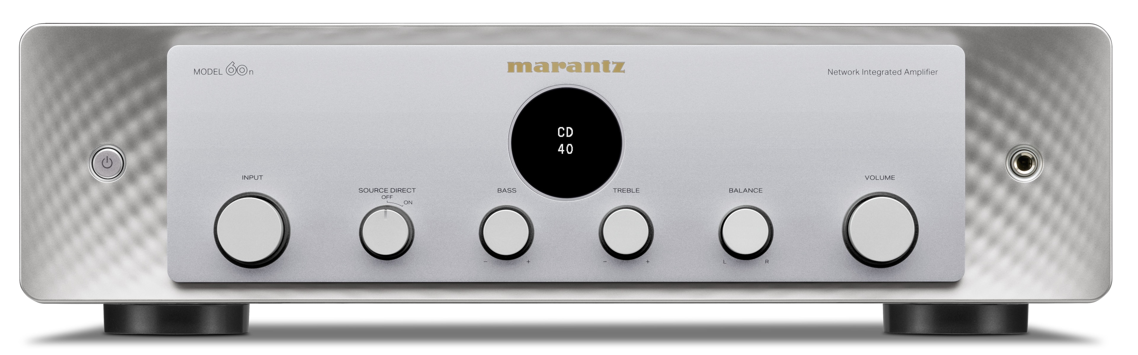 The image features a Marantz network integrated amplifier with a CD input. The amplifier has a volume control, source direct, treble, and bass controls. The device is designed to provide a high-quality audio experience for users.